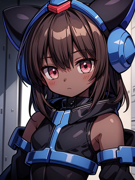 Masterpiece High res, high definition, male dark skin, cute shota, dark brown hair, medium hair dark brown hair,wearing a black coat, detached sleeves, black full bodysuit, close up, Megaman ZX reploid,
