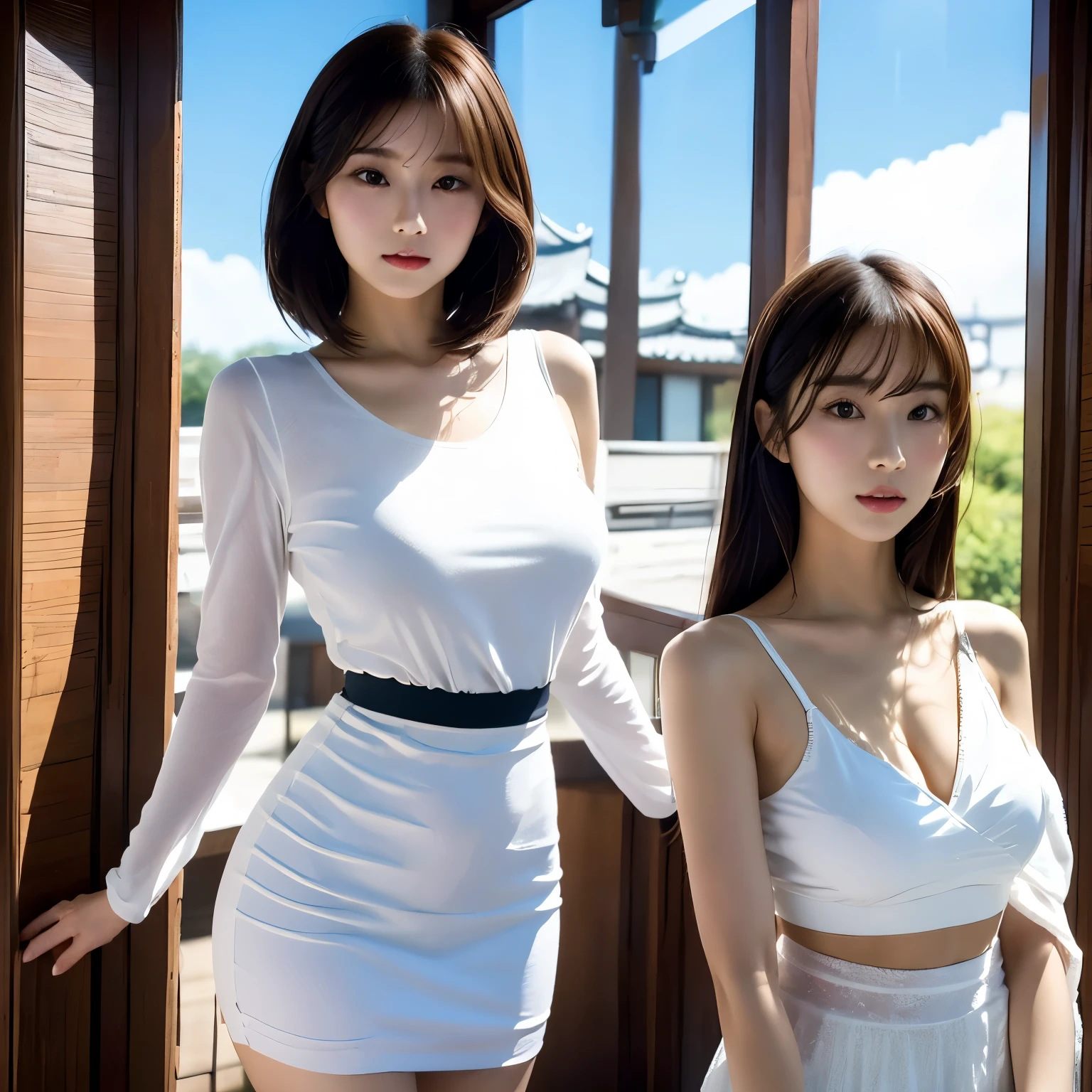 A live-action photo of an extremely beautiful Japanese high school girl race queen who highlights her large breasts and beautiful legs.、In a photo studio, she wears a tight Chinese dress and takes promotional photos for paid dating.、She is an eternal idol who combines a clean look with modern charm.。 She creates such beauty。 She feels her own warmth。 She creates a warm atmosphere。 We create beauty。 That's what I want to say。 In her full body photo、The figure features porcelain-like skin and golden hair that radiates a soft glow.。 This is probably、It captured the essence of her timeless charm.、This is the best shot ever.。 Each straight line and curve is carefully expressed.、Breathtakingly beautiful with impeccable detail。 This piece perfectly captures her timeless beauty.。 Divine Proportions、Sharp focus、Full-body photo taken by Kishin Shinoyama、high quality、High resolution、Detailed Background