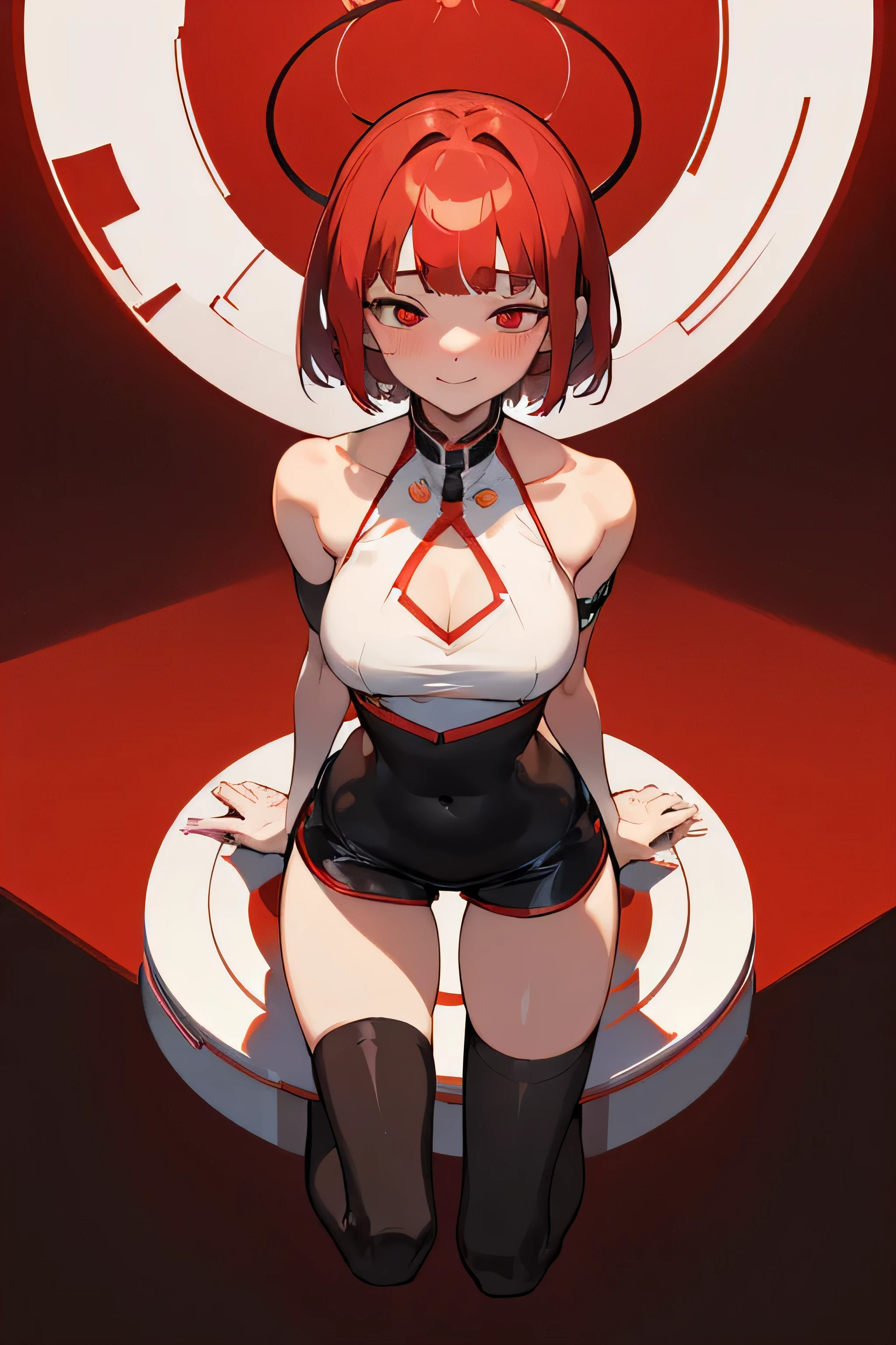 (Masterpiece, Best quality, ultra-high resolution), 1 girls, sitting, ((red hair: 0.7) short hair red, pale skin, ((red eyes)), Bright_eyes, neon eyes, (ultra-detailed eyes, beautiful and detailed face, detailed eyes: 0.9), ((centered)), Smile, ((full shot)), facing the viewer, eye level, (black background, red), B-cup chest, looking at the viewer, ((half-closed eyes)), (((head, arms, hips, elbows, in view))), empty gaze, beautiful lighting, Background, defined theme, 21 years old, Perfect ???????, Perfect body, longeyelashes, solid circle eyes, light smile, ear blush, embarrassed, red eyes, blunt bangs, shorts black, seminaked, wearing long black stockings, Surrealism, drop shadow, anaglyph, red background, stereogram, full body, atmospheric perspective, anime, Sony FE GM, 8k, super detail, accurate, best quality, anatomically correct, super detail