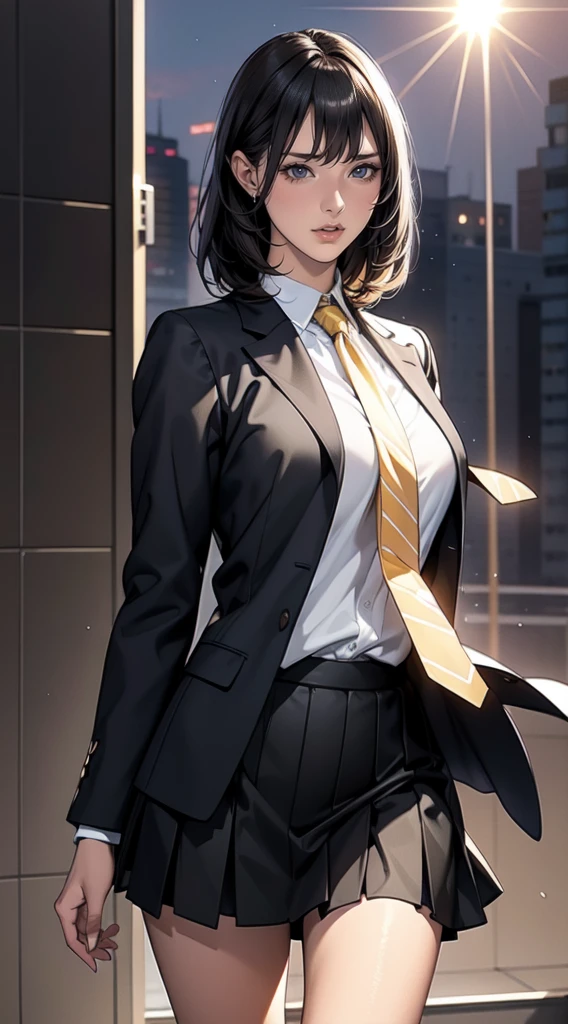 1 girl, intricate details, masterpiece, highest quality, very detailed,cinematic lighting, beautiful delicate shine, Beautiful detailed face and eyes, 8K, dark intense shadow, yellow eyes, medium hair, black hair, bangs, floating hair, black jacket, open jacket, white shirt, No expression, yellow tie, black skirt, Spotlight, sunlight, sunrise, gradation sky, city, Lens flare, cowboy shot, [[crooked]], [mature woman]