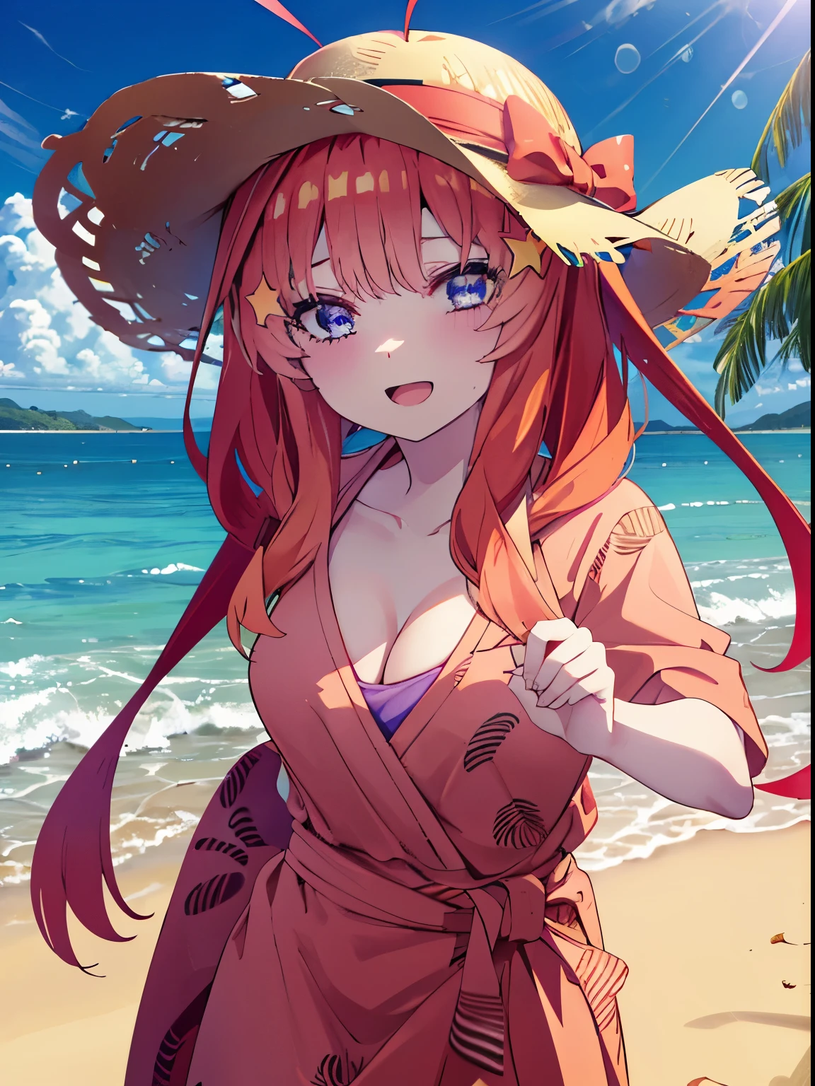 itsukinakano, itsuki nakano, bangs, blue eyes, hair between eyes, Ahoge, redhead, star \(symbol\), hair ornaments, star hair ornamentsにっこり, smile, open your mouth,big straw hat,red bikini,naked belly,A light red blanket is wrapped around his waist., (beach salon),  big breasts,((salon)), beach outfit,real summer,Palm tree,
break outdoors, beach,
break looking at viewer, (cowboy shot:1.5),
break (masterpiece:1.2), highest quality, High resolution, unity 8k wallpaper, (shape:0.8), (fine and beautiful eyes:1.6), highly detailed face, perfect lighting, Very detailed CG, (perfect hands, perfect anatomy),