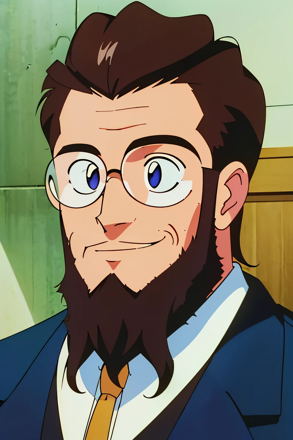 , looking at viewer, (insanely detailed, beautiful detailed face,beautiful detailed eyes, masterpiece, best quality, boy, portrait,seth rogen,((glasses, beard.upper body, head bust, smile)),  anime screencap, 1990s_\(style\),solo, 