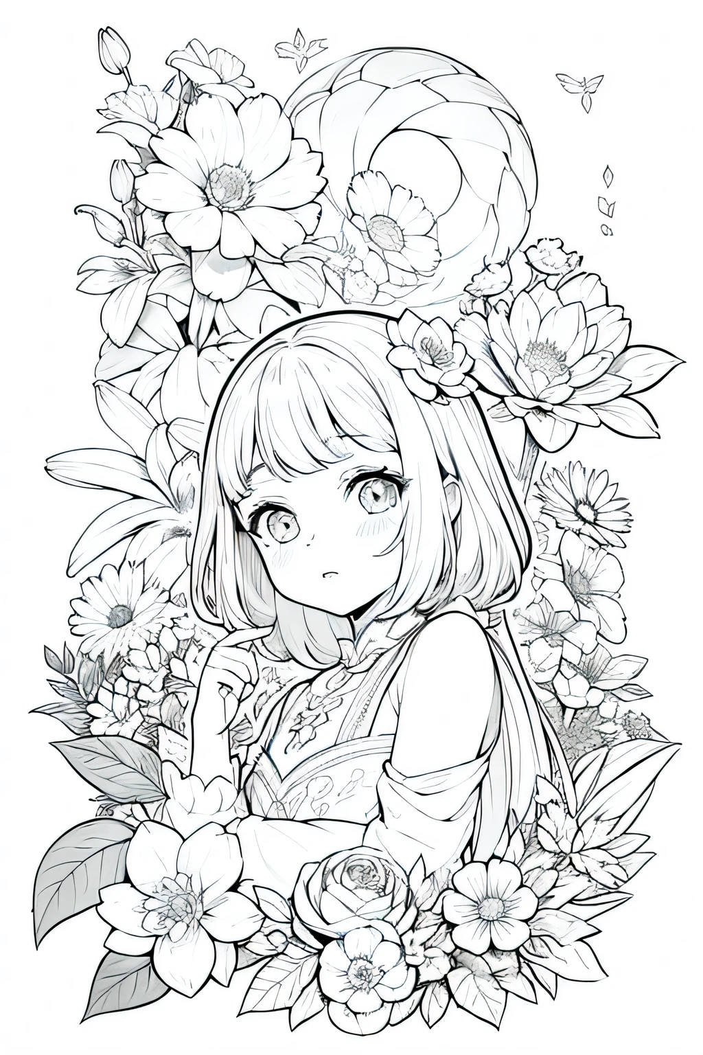 Obra maestra, superlativo,solamente, Dragon cute , flower line drawing background, fondo blanco, monocromo, line drawing, ((bosquejo)), spooky, white eyes,
