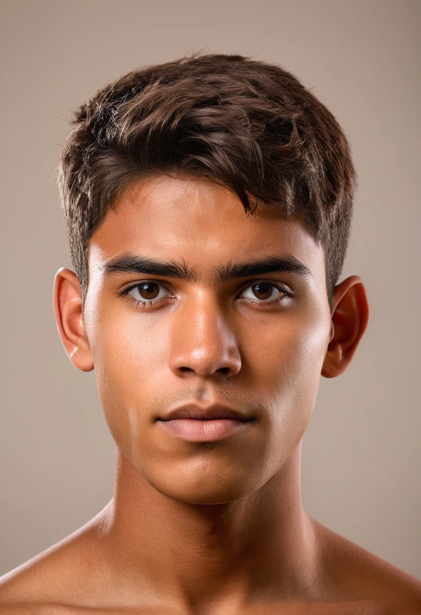 full face portrait photo, nude man, short cropped military style haircut, browm hair, 20 years old, 25% Mexican, 25% Namibian, 25% Nigerian, 25% Israeli, plain neutral background, no shadows, uniform lighting, no beard, no facial hair, no shadows, even lighting, ring light, facing camera