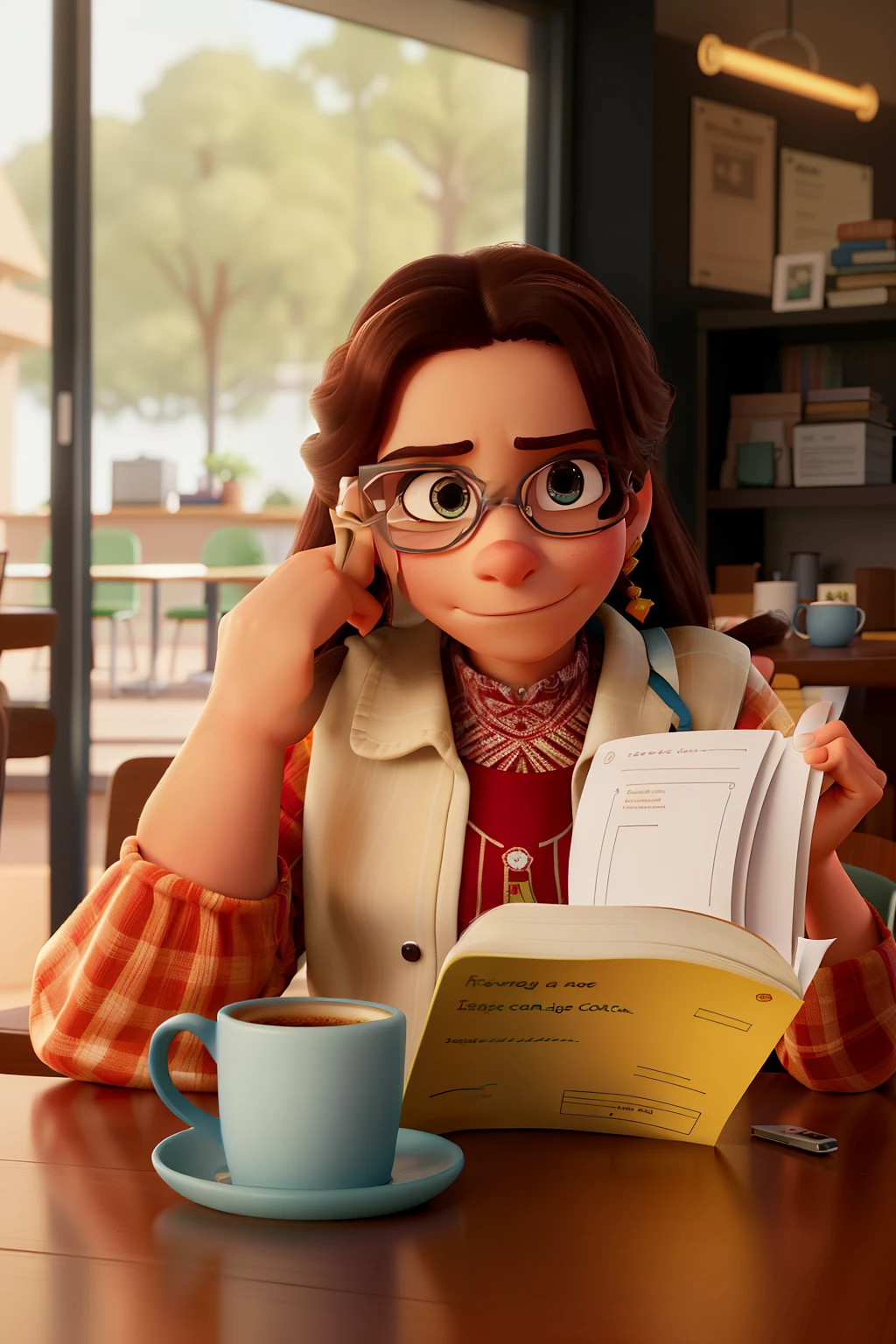 Reproduza a imagem no formato Disney pixar, de uma mulher sobre a mesa de uma cafeteria, with your face resting on your hand, e o cotovelo apoiado na mesa, with a facial expression of discontent while looking at a book and having a coffee on the table. She's not wearing glasses