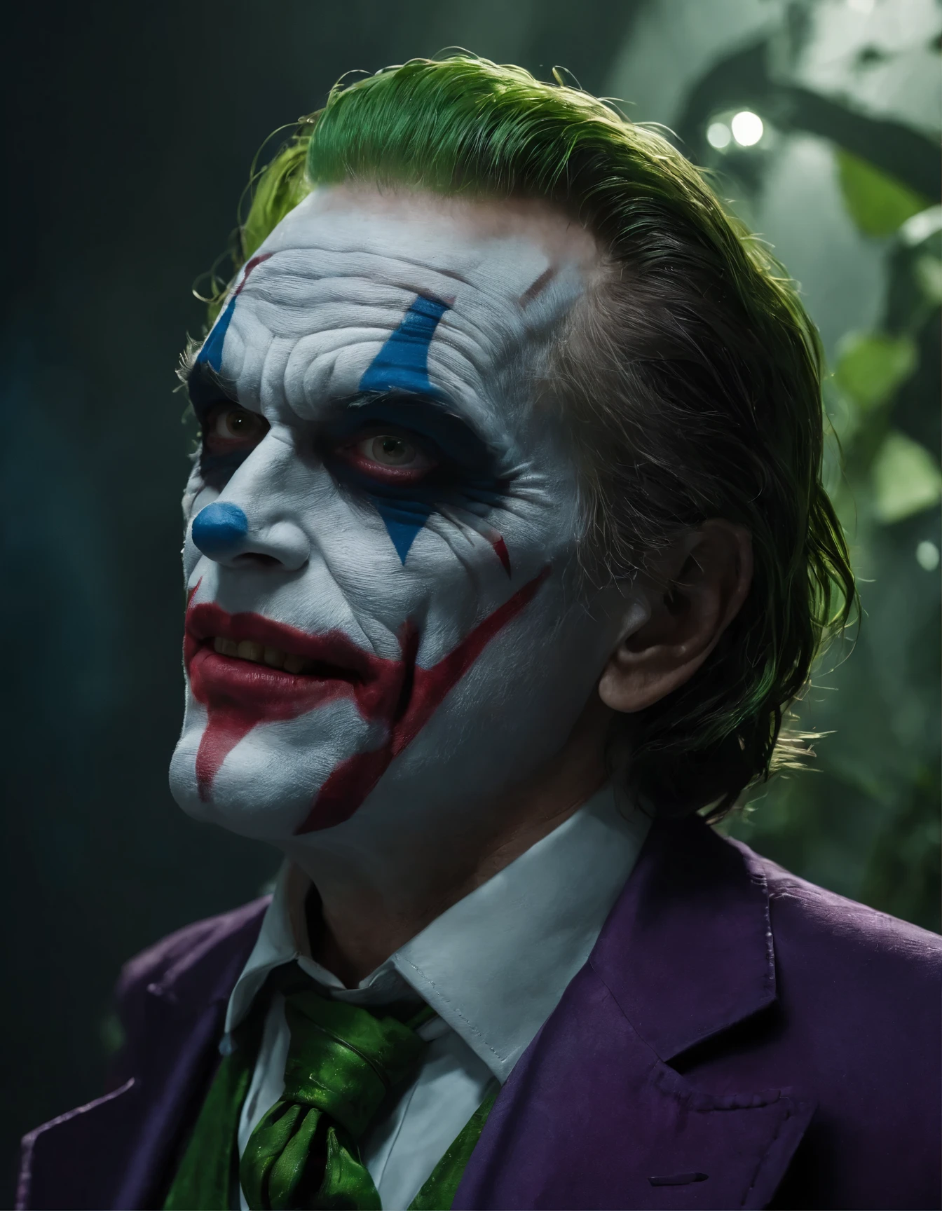 ((Highly detailed 8k UHD raw cinematic art)) une affiche d'a joker with an abandoned city and jungle skyline, weed, le Joker tiens une arme de type automatique, du farceur (2019), colorful cinematic art, joker, portrait of le Joker, le joker fume, portrait de farceur, willem dafoe as le Joker, film still of le Joker, batman as le Joker, le Joker as batman, as le Joker, Portrait d'un Joker, style de grain de film fujifilm XT3, le joker se trouve dans une jungle urbaine, je joker fume un joint, there is also a bottle of Jack Daniel brand whiskey, les Joker est sérieux avec un regard perçant
