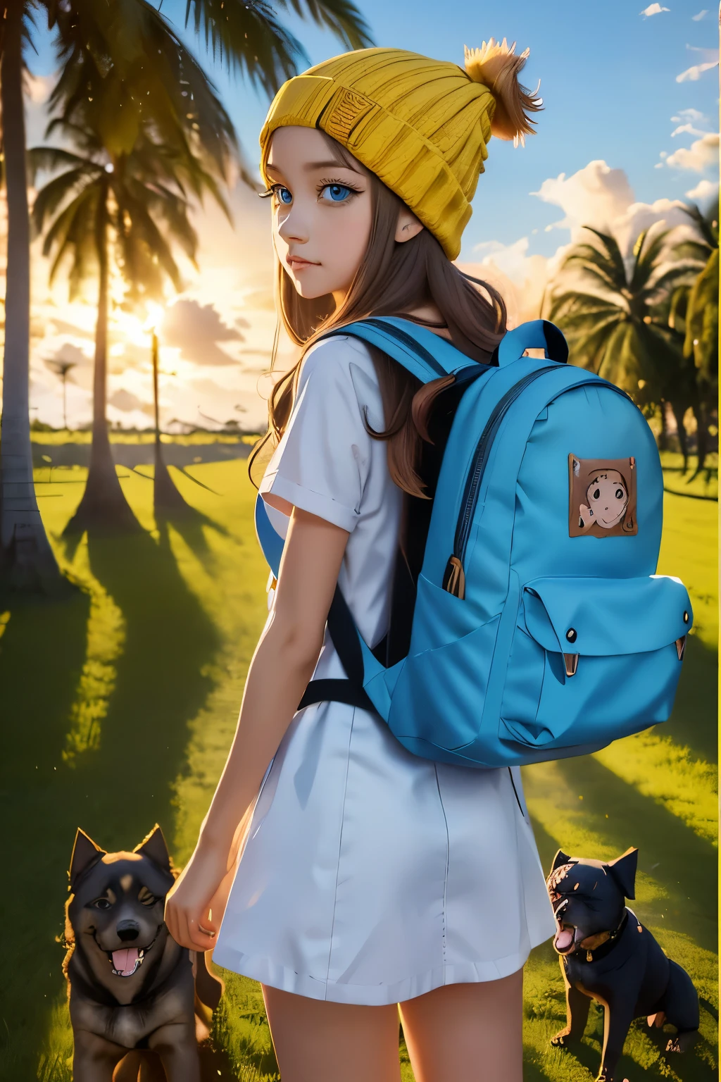 anime girl with a (((yellow backpack))) and (((four dogs in a field of coconut trees))), ((((blue eyes girl)))), (((The girl is wearing a beanie))), cute detailed digital art, adorable digital painting, ((((camera a front of character)))), artwork in the style of guweiz, realistic anime 3 d style, anime styled 3d, render of a cute 3d anime girl, made with anime painter studio, anime style. 8k, childrens art in artstation, anime visual of a cute girl,