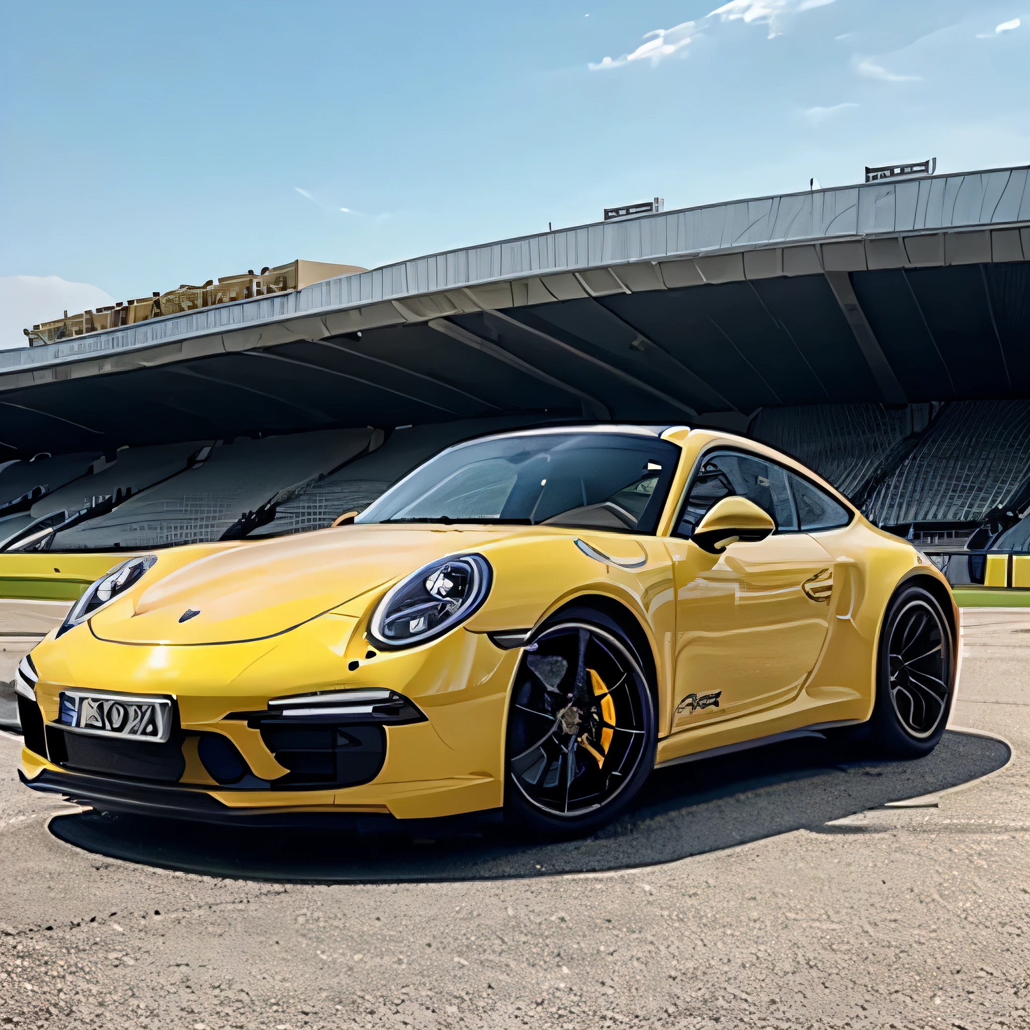 Porsche 911 yellow pastel , on the treadmill , sports stadium , There is a crown decorated on the roof. ,