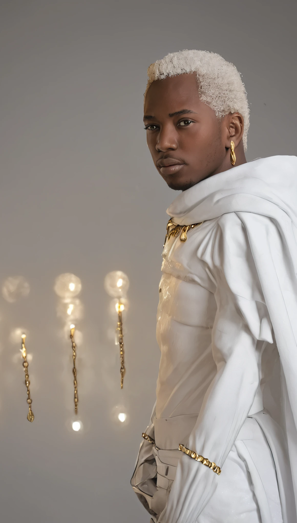 A man in a white robe and gold chains stands in front of a light bulb ...