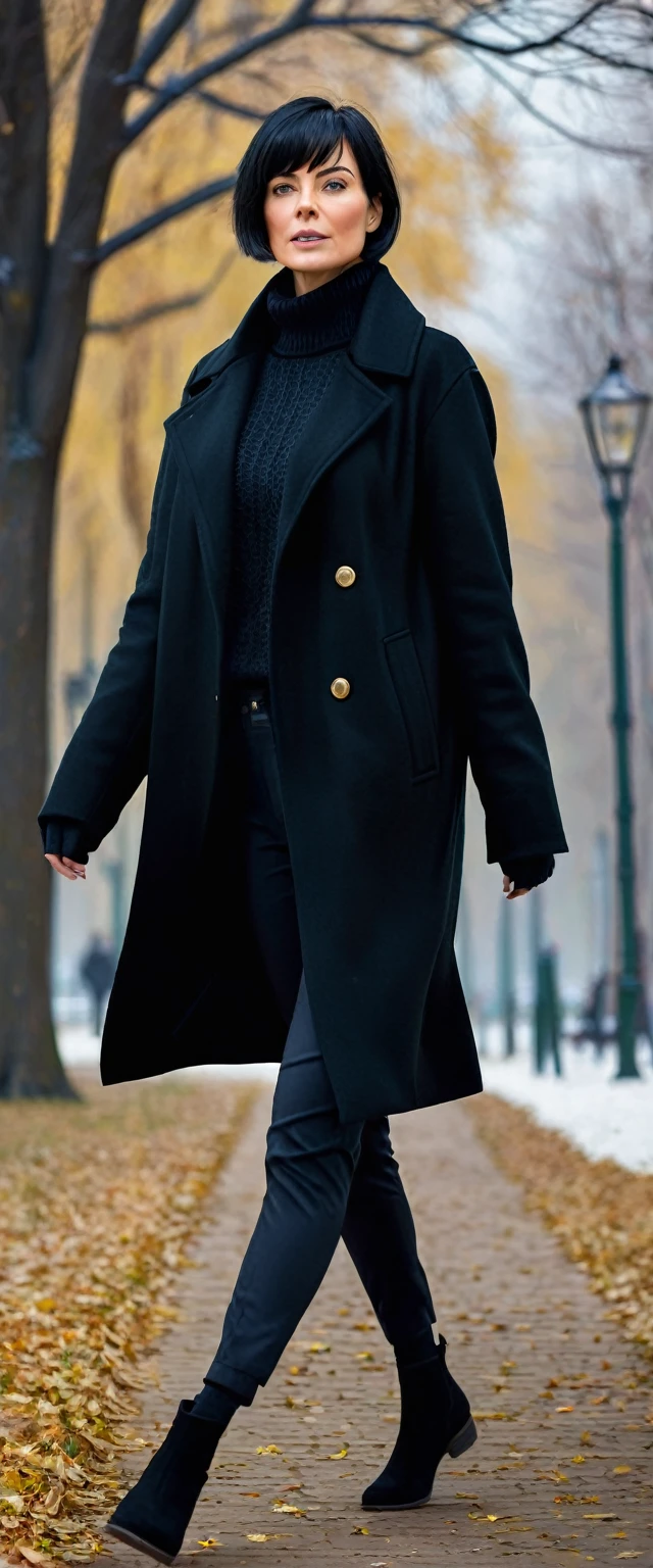 Adult woman promotional portrait, Woman walking fast through the park. close photo. short black hair. Wearing black coat, pants and sweater. winter. Perfect body anatomy. Photorealistic. Realistic colors. realistic lights. masterpiece. Realistic anatomy. Very detailed. Realistic details. high quality.