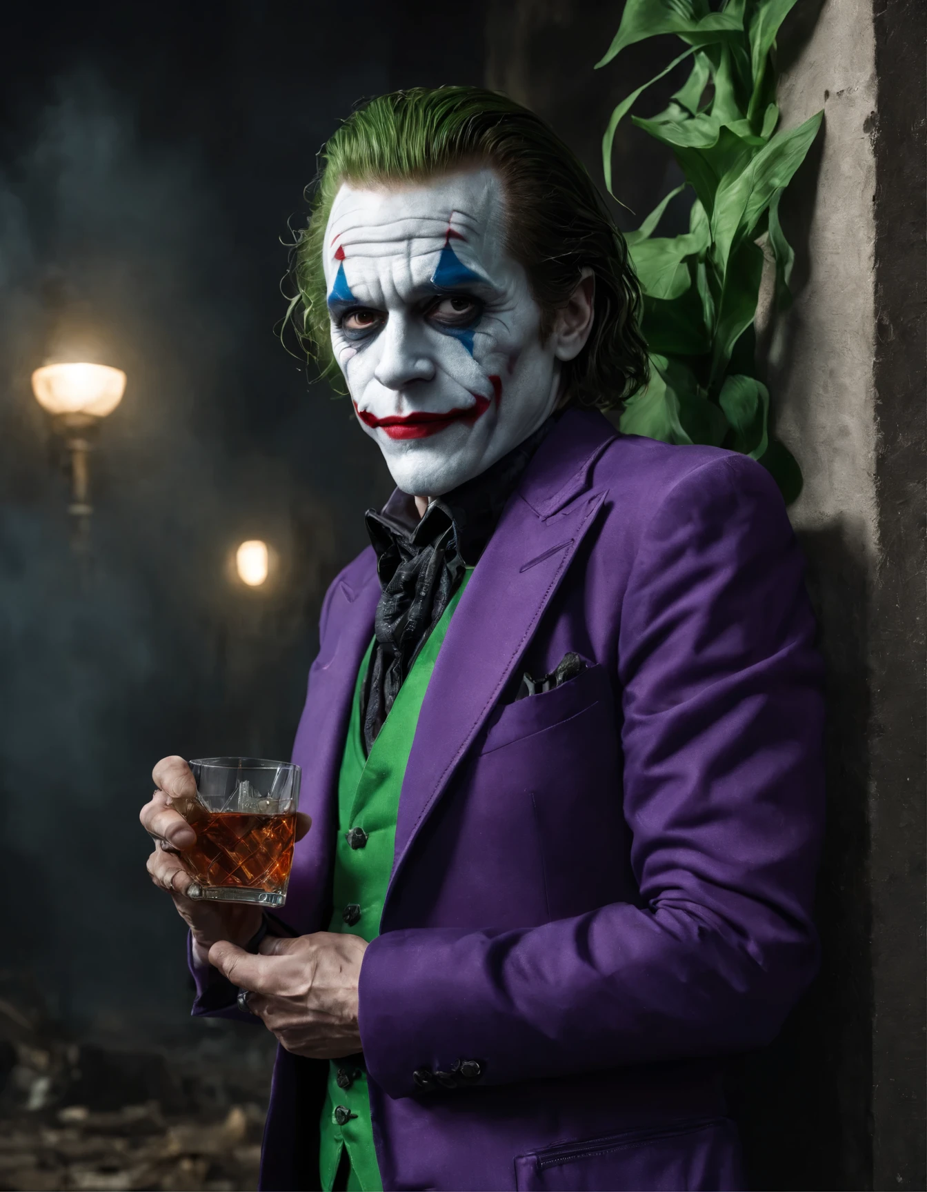 ((Highly detailed 8k UHD raw cinematic art)) une affiche d'a joker with an abandoned city and jungle skyline, weed, le Joker tiens une arme de type automatique, du farceur (2019), colorful cinematic art, joker, portrait of le Joker, le joker fume, portrait de farceur, willem dafoe as le Joker, film still of le Joker, batman as le Joker, le Joker as batman, as le Joker, Portrait d'un Joker, style de grain de film fujifilm XT3, le joker se trouve dans une jungle urbaine, je joker fume un joint, there is also a bottle of Jack Daniel brand whiskey, les Joker est sérieux avec un regard perçant