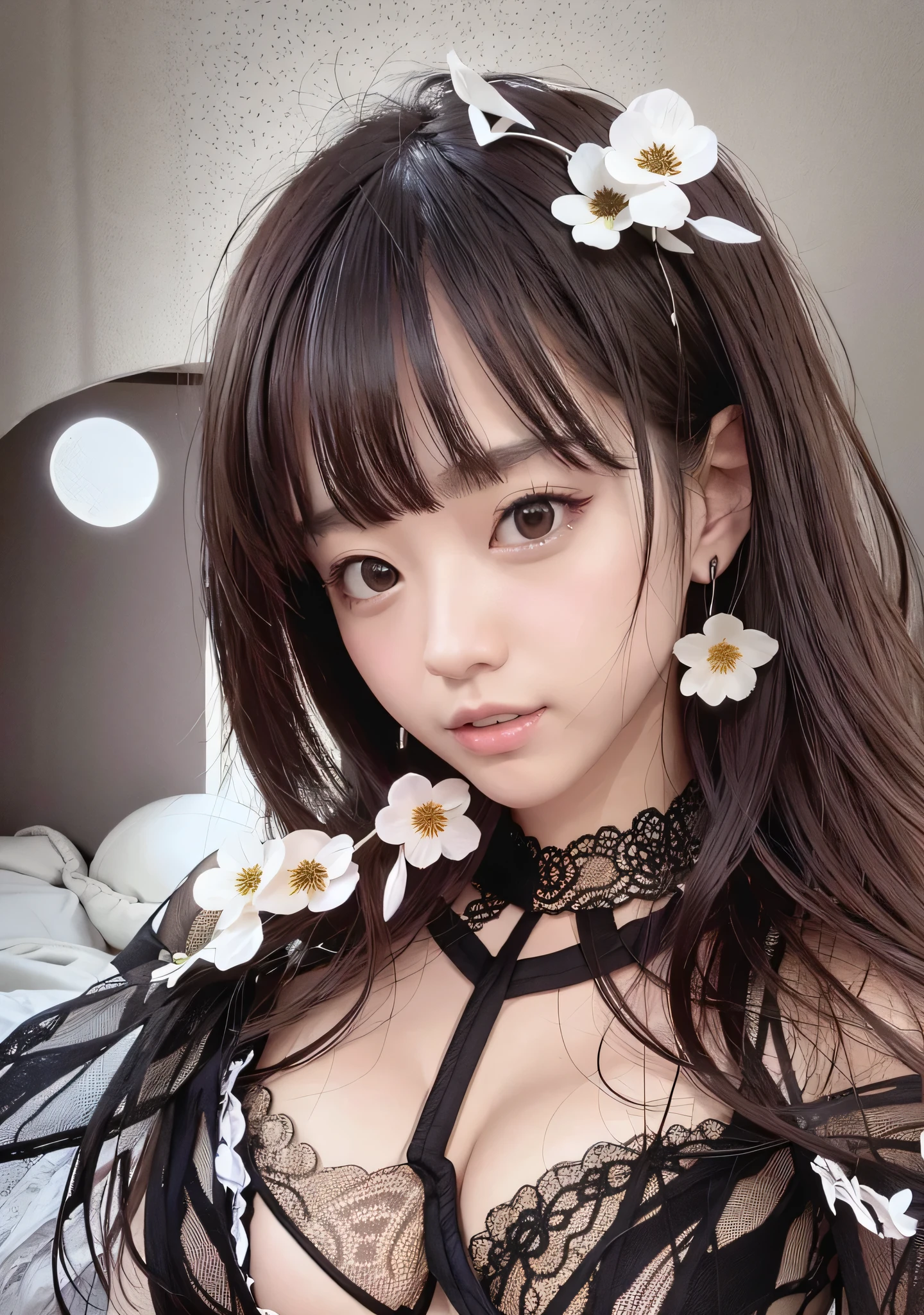 8K、super detailed、Physically based rendering、K-pop idol、Bedroom、night、perfect skin、simultaneous、Sexy、happy expression、intricate lace hair ornament、soft light、best quality、big and full breasts、Sadistic eyes、leather bikini、full body esbian((puffy eyes))