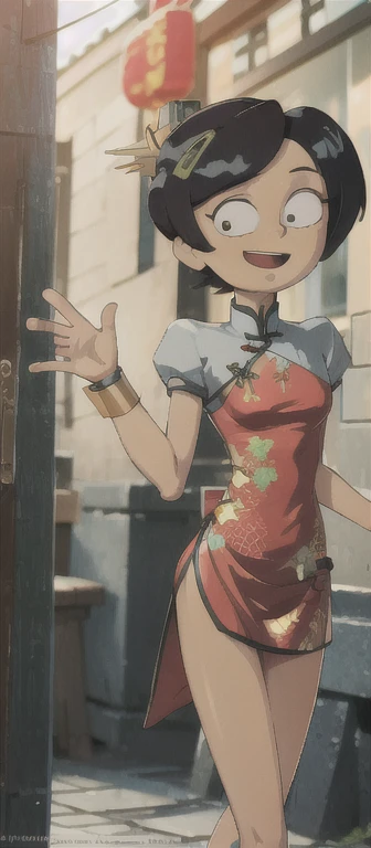 masterpiece, high quality, Mercy_Wu, black hair, short hair, hair clip, smile, open your mouth, flat , China dress, wrist cuffs, outdoor