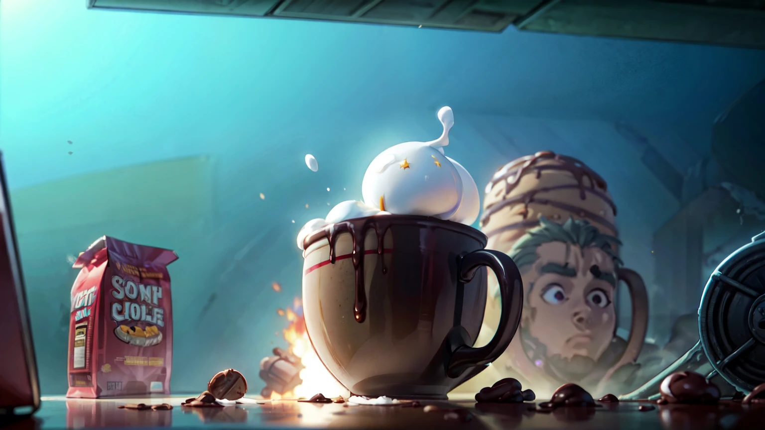 SCP-5073 - Explosively Hot Chocolate, from SCP lore, SCP-5073 is a series of anomalous packets of powdered hot chocolate mix. Instances of SCP-5073 outwardly resemble packets sold under legitimate brands, the chocolate is the cause of a dust explosion that ensues invariably possesses sufficient force to blow a human apart and do considerable damage to their surroundings, minimal ambient occlusion occlusion, specularity, radiosity dull rim light, aesthetic octane render, 8K RTX 3090 is trending on artstation, concept art by Simon Stålenhag and HR Giger, masterpiece
