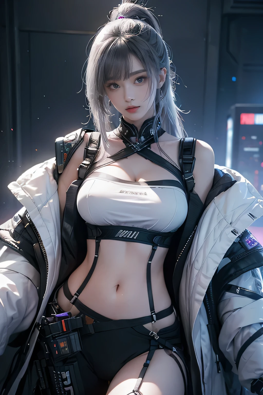tmasterpiece,Best quality,A high resolution,8K,(Portrait),Head close-up,Original photo,digital photography,(Female scientists in sci-fi style),20 year old girl,long ponytail hairstyle,By bangs,(Purple Eyes),(White hair),A plump chest,cleavage,Elegant and noble,Serious and indifferent, white coat,black suspender bra,rich details,Keep your mouth shut,exposing your navel,Intricate ornaments,Cyberpunk futuristic style,(Female scholars),Photo pose,white backgrounid,oc render reflection texture