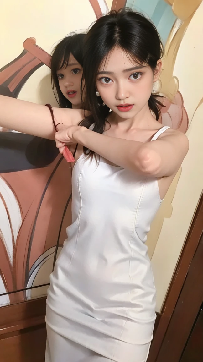Neat and clean high school girl、((((Long white silk camisole、White panties))))、Outside the stadium、(slim)、Realistic、detailed, Skin Texture, 超detailed、Delicate and sexy collarbone、A sloppy smile、スーバーdetailedな顔、detailed唇、detailedな目、Small breasts、Small breasts、、Small breasts、Flat Chest、Accentuate your breasts、Bright Face、((Are standing、スカートからWhite pantiesが見えている、Lift the hem of your skirt slightly with both hands..,,)), Short hair with bangs、Straight Bob Hair、Angle from quite a top、10 years old、、(((Dark sunburn、Tanned brown skin、Black skin color)))、(Dark brown skin:1.)、Lean forward、She is holding the shoulder straps and showing her chest to the camera
