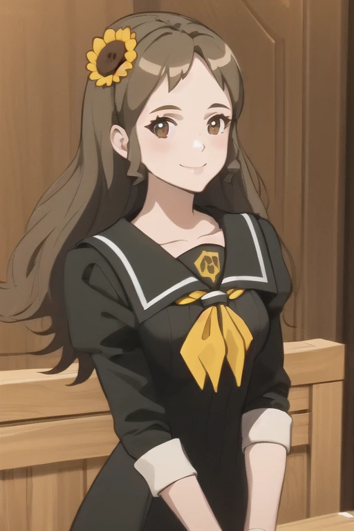 (masterpiece, highest quality:1.2), alone, 1 girl, Arjuniper, smile, looking at the viewer, arm to the side, , black dress, yellow neckerchief, long sleeve, courtroom 