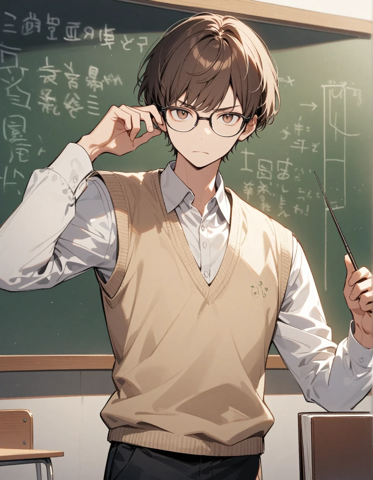guy, looking at the viewer, brown eyes, brown hair, short hair with bangs, dressed in a white shirt and sweater vest, and black pants, wears glasses, looks unhappy, stands in the classroom, the teacher, near the blackboard, holds a book and a pointer, gentle tones