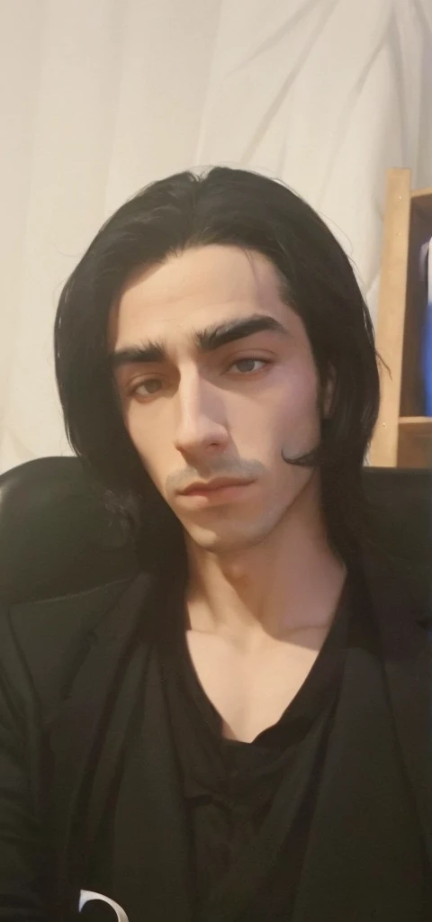 create an image from the man in this animated style photo of Alucard in Castelvania with dark black eyes and a black 2 piece suit with a black shirt and tie, mais avec le meme visage