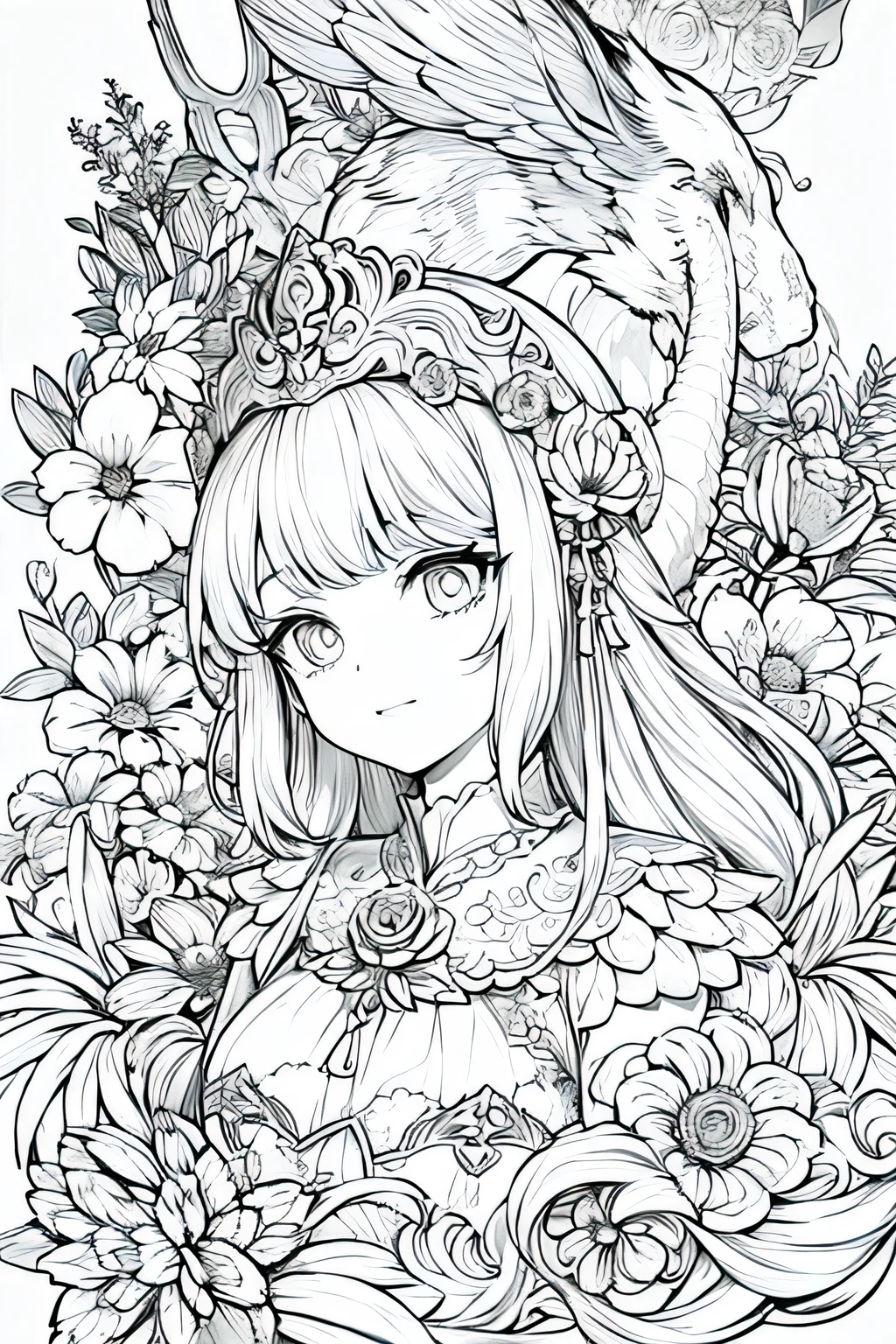 Obra maestra, superlativo,solamente, Dragon cute , flower line drawing background, fondo blanco, monocromo, line drawing, ((bosquejo)), spooky, white eyes, going merry, doodle,
