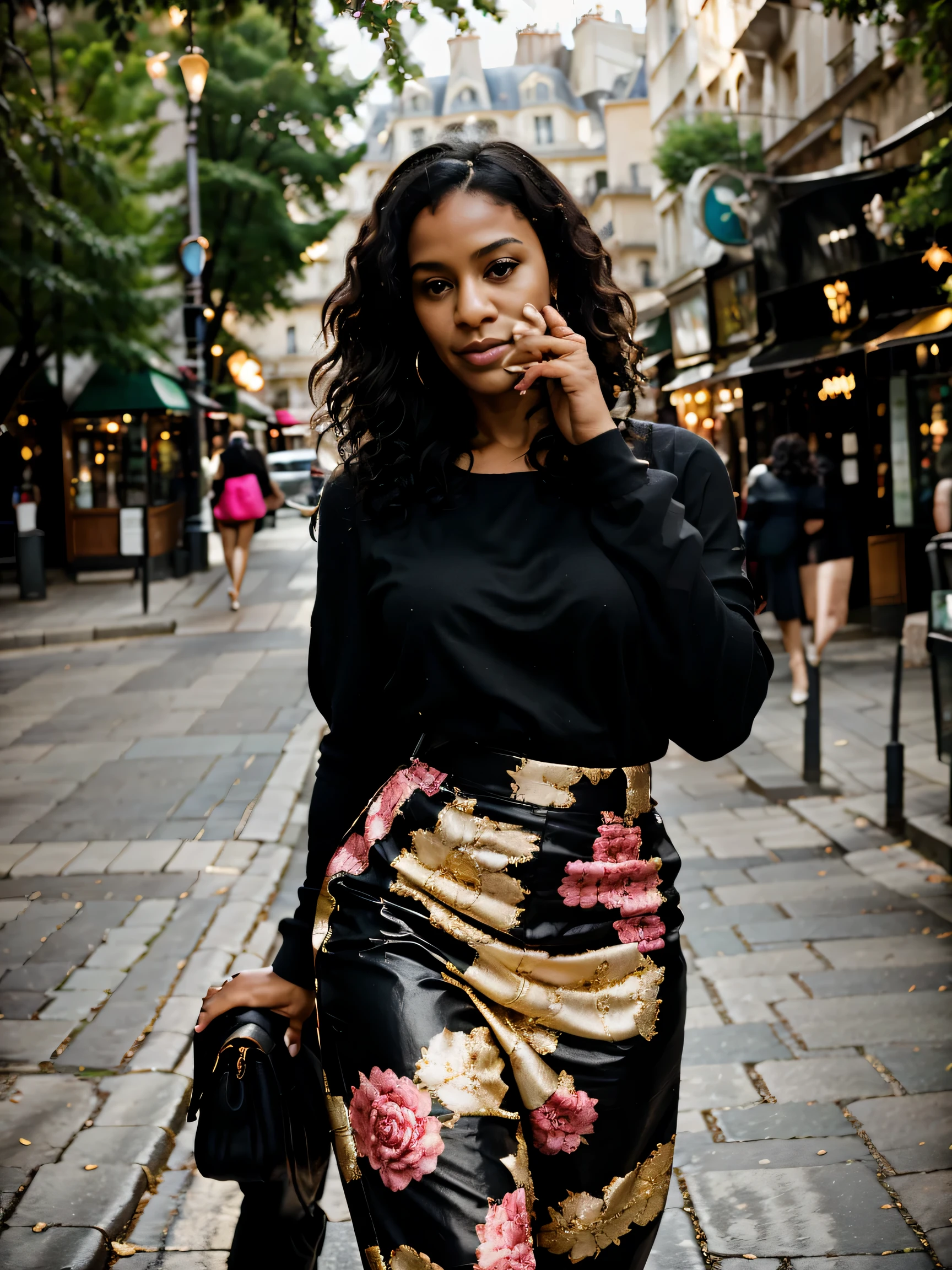 creates the image of a beautiful, elegant and sophisticated light black young woman. She is young, 45 years old. The woman has dark black curly hair, curly with little volume and medium length above the shoulders. She is wearing black pants and a pink blouse. She must have her mouth shut. She is in a beautiful and very sophisticated place, Paris style. Her hand should be very realistic and humanistic. Well-cared for hands with very realistic nails. Photo with 8k quality and blur