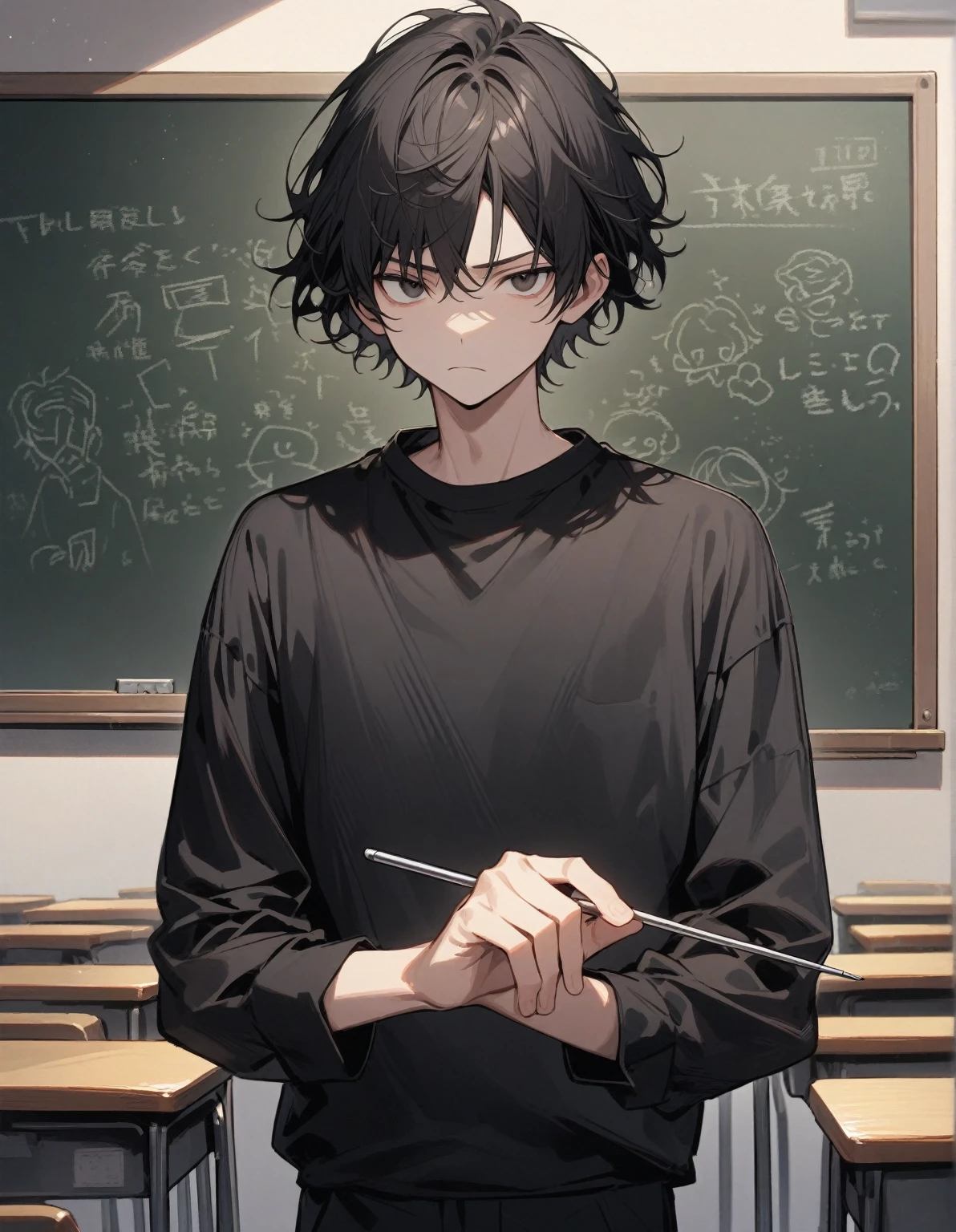 guy, looking at the viewer, black eyes, black hair, short hair with bangs, disheveled hair, dressed in a black shirt and black pants, looking unhappy, standing in the classroom, the teacher, near the blackboard, holding a pointer in his hands, gentle tones