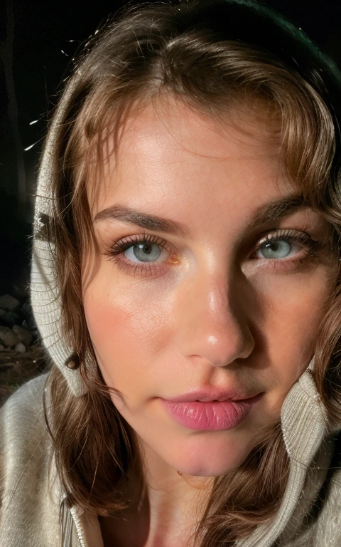 portrait, (close up), photorealistic, best quality, hyper detailed, beautiful woman, hhayleyy,, selfie photo, Full body, solo, wearing pullover, outdoors, (night), mountains, real life nature, stars, moon, (cheerful, happy), sleeping bag, gloves, sweater, forest, rocks, river, wood, smoke, fog, clear sky, analog style, looking at viewer, skin texture, film grain, close up, ultra high res, best shadow, RAW, instagram LUT, (looking at viewer), ((extremely detailed eyes and face)), ((beautiful detailed nose)), ((beautiful detailed thigh)), ((beautiful detailed eyes)), perfect body proportion,