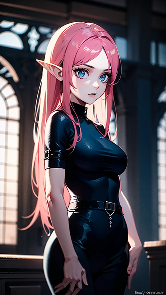 RAW, professional photograph, medium shot, photorealistic, hyper-realistic, ray tracing, super detail, UHD, 8k, female elf, twenty years old, athletic body, soft facial features, long hair, straight hair, light pink hair, blue eyes, gothic style, gothic clothing, dark Castle, gothic architecture,