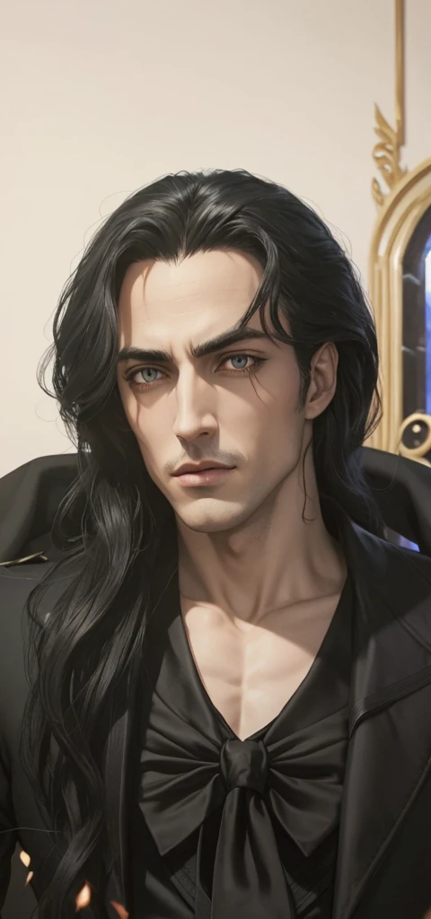 create an image from the man in this animated style photo of Alucard in Castelvania with dark black eyes and a black suit with a black shirt and tie