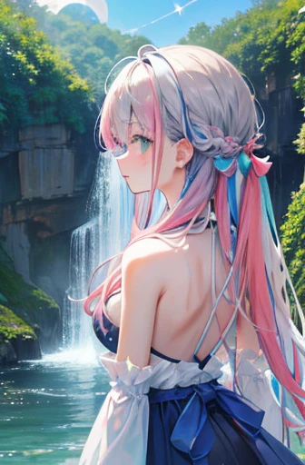 (rainbow colored hair, colorful hair, half silver、half pink hair: 1.2), ,long hair、(Cinematic digital artwork: 1.3), high quality, table top, Turquoise eyes、最high qualityの, Super detailed, figure, [4K digital art]!!、 Kyoto animation style, one woman, clavicleの美しさ, clavicle, light, want, blue sky, positive, Dead leaves dance、full moon、（****、floral clothes、polka dot skirt）、(waterfall) outdoor, sacred place, splash, rock, waterfallに飛び込む、(waterfall sparkle in the sunlight), Detailed back, motivation, shine, dynamic perspective、Blue glasses、Green ribbon