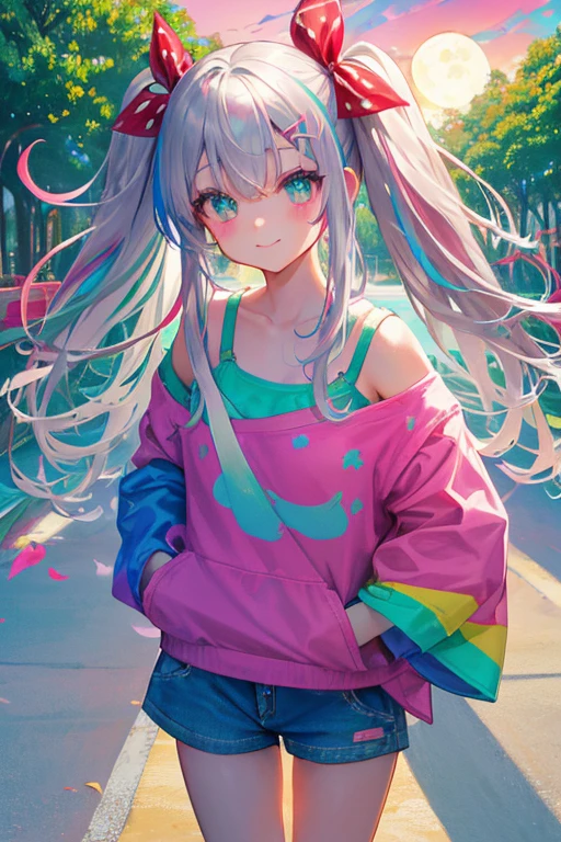 (rainbow colored hair, colorful hair, half silver、half pink hair: 1.2), ,long hair、(Cinematic digital artwork: 1.3), high quality, table top, Turquoise eyes、最high qualityの, Super detailed, figure, [4K digital art]!!、 Kyoto animation style, one woman, clavicleの美しさ, clavicle, light, want, , positive, Dead leaves dance、（Ocean、sandy beach）、full moon、On a tree-lined street、taking a walk、((red、trendy clothes))、（（Scarlet、Polka dot unset, motivation, shine, dynamic perspective、Blue glasses、Green ribbon、twin tails、embarrassed face、cute face、happy face