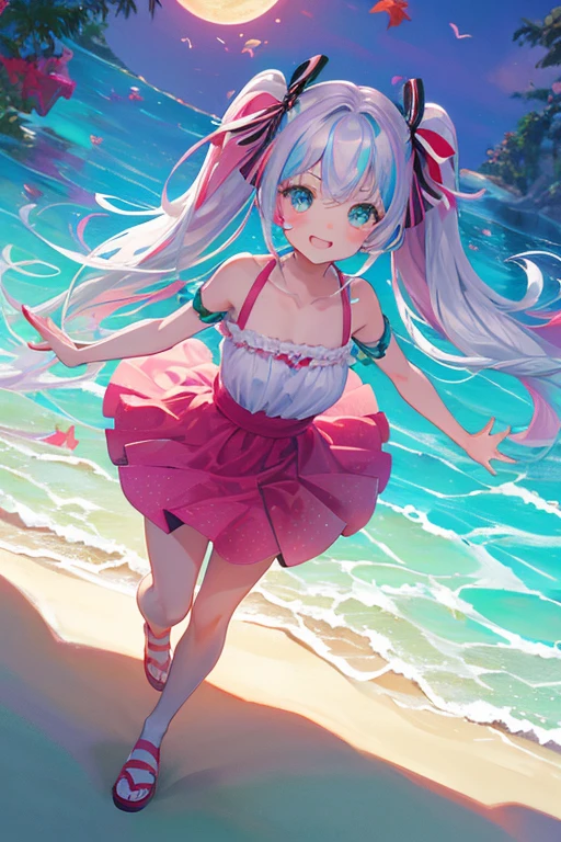 (rainbow colored hair, colorful hair, half silver、half pink hair: 1.2), ,long hair、(Cinematic digital artwork: 1.3), high quality, table top, Turquoise eyes、最high qualityの, Super detailed, figure, [4K digital art]!!、 Kyoto animation style, one woman, clavicleの美しさ, clavicle, light, want, , positive, Dead leaves dance、（Ocean、sandy beach）、full moon、On a tree-lined street、taking a walk、((red、trendy clothes))、（（Scarlet、Polka dot unset, motivation, shine, dynamic perspective、Blue glasses、Green ribbon、twin tails、embarrassed face、cute face、happy face