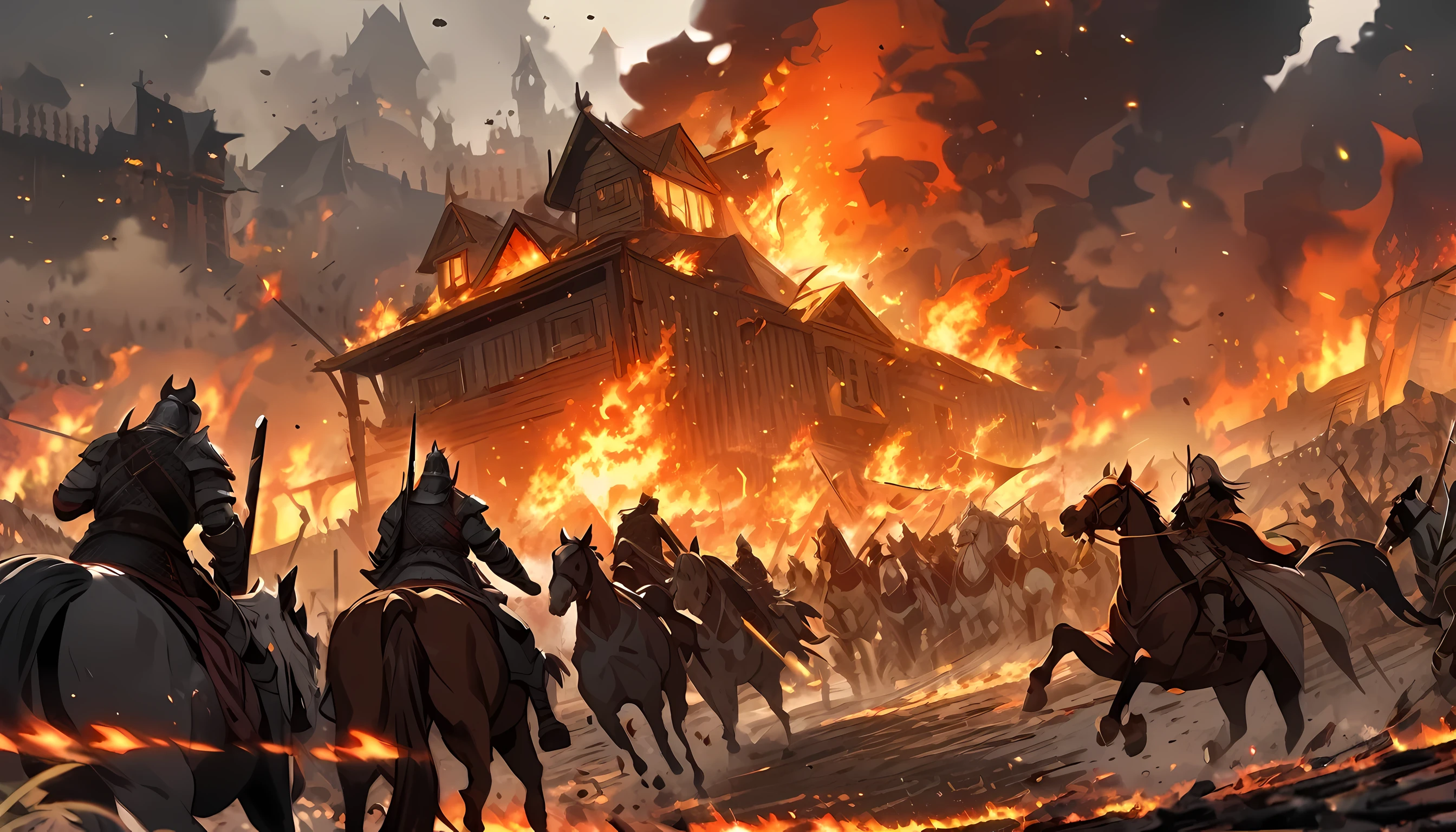 Wide view of war between two kingdoms, sword, horses, fire, house burn, blood