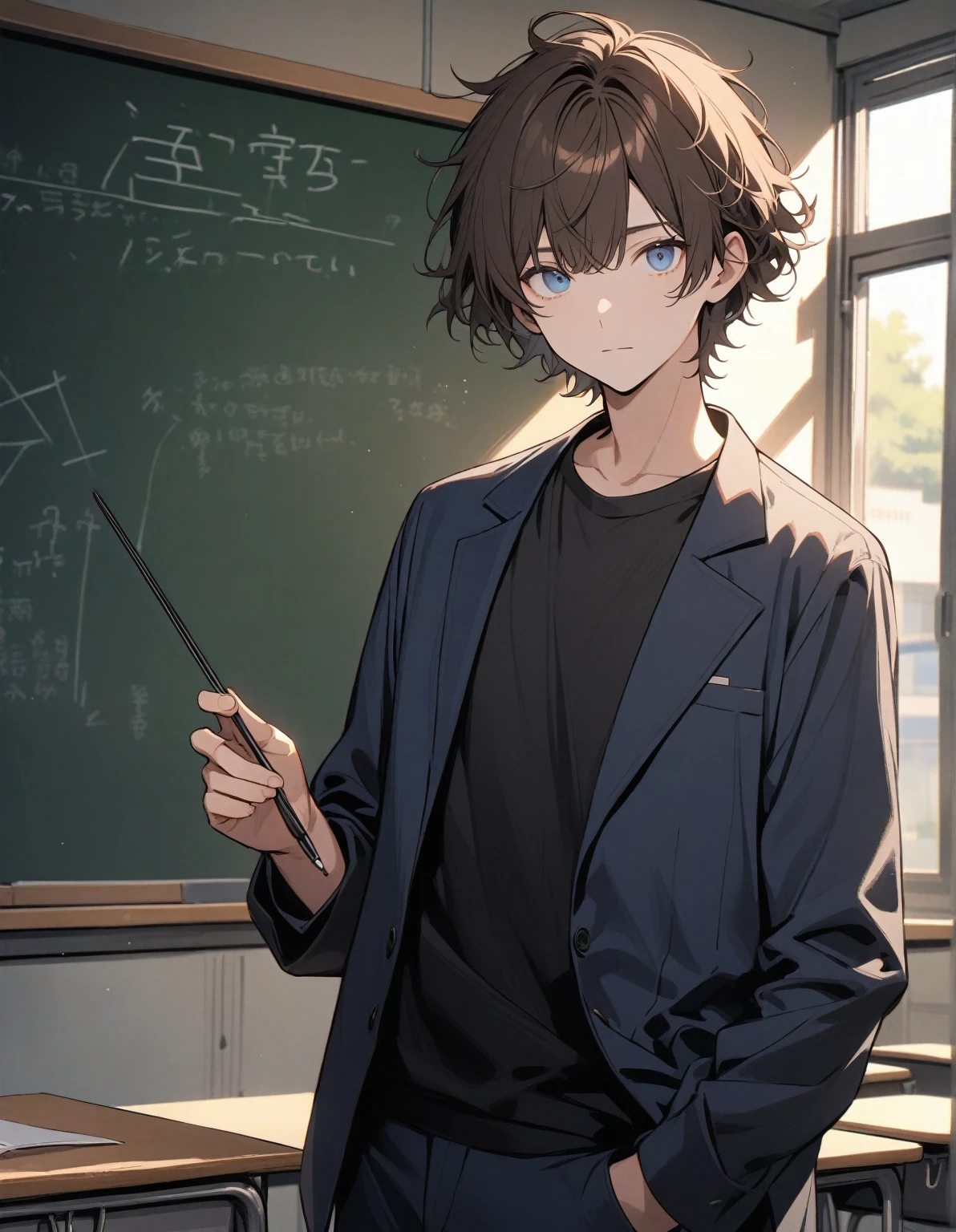 guy, looking at the viewer, blue eyes, brown hair, short hair with bangs, disheveled hair, dressed in a black shirt and a dark blue jacket and dark blue pants, relaxed appearance, standing in the classroom, teacher, near the blackboard, holding a pointer, gentle tones