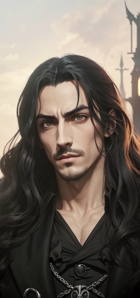 create an image from the man in this animated style photo of Alucard in Castelvania with dark black eyes and a full black suit class and charistmatic