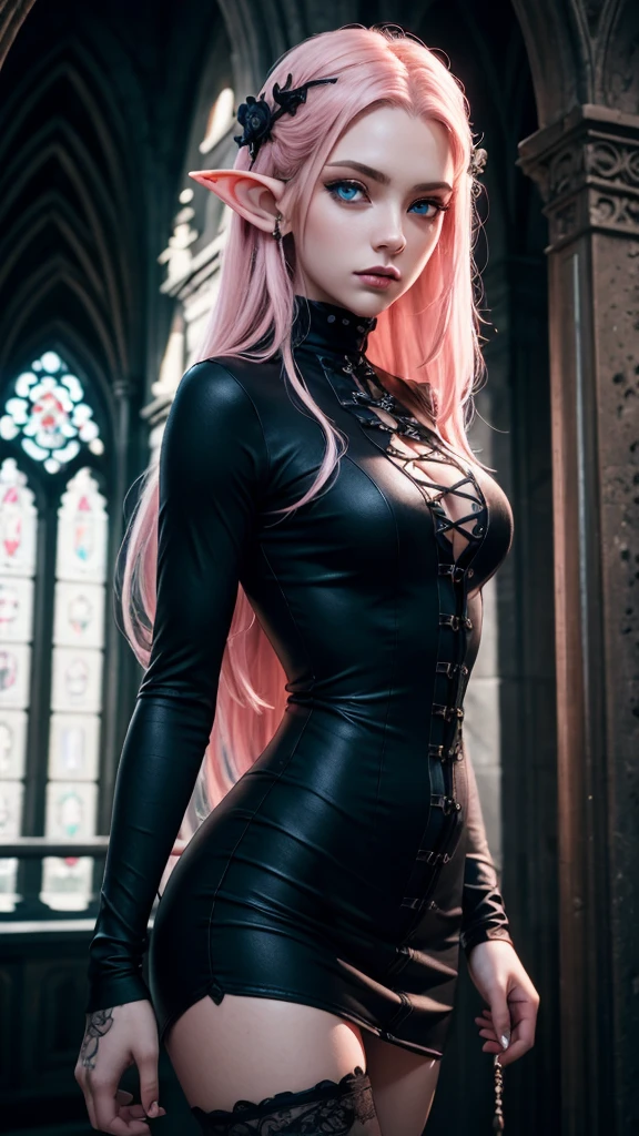 RAW, professional photograph, medium shot, photorealistic, hyper-realistic, ray tracing, super detail, UHD, 8k, female elf, twenty years old, athletic body, soft facial features, long hair, straight hair, light pink hair, blue eyes, gothic style, gothic clothing, dark Castle, gothic architecture, 