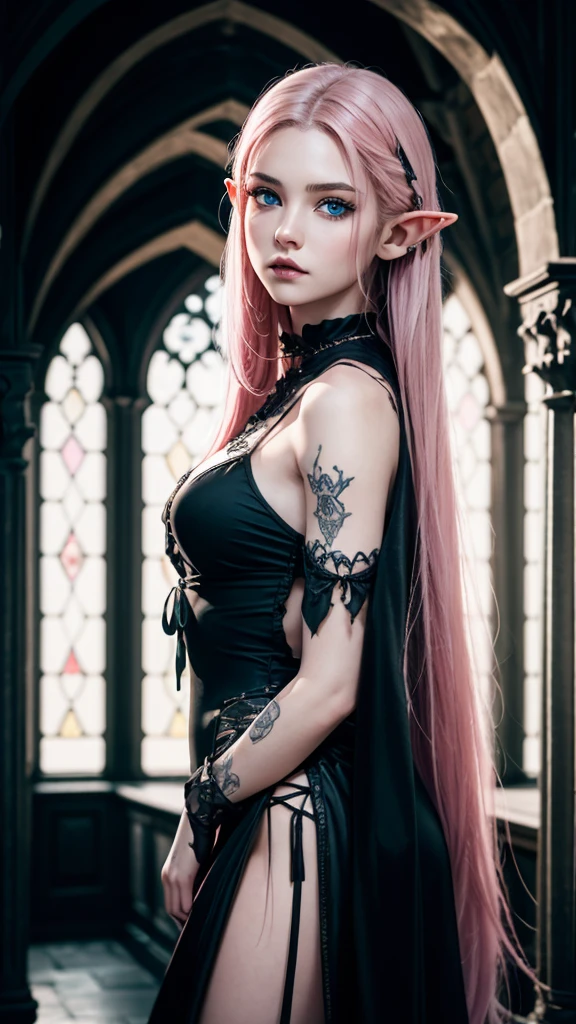 RAW, professional photograph, medium shot, photorealistic, hyper-realistic, ray tracing, super detail, UHD, 8k, female elf, twenty years old, athletic body, soft facial features, long hair, straight hair, light pink hair, blue eyes, gothic style, gothic clothing, dark Castle, gothic architecture,