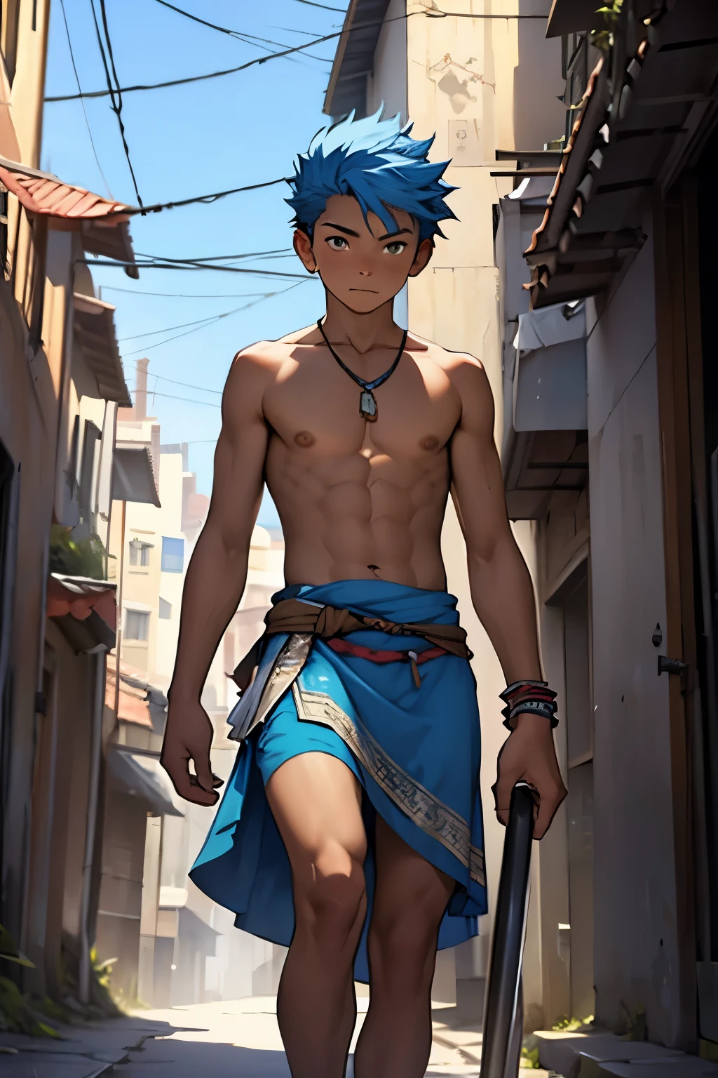 thin young man without a shirt with blue hair on his back he walks lost looking at a city he he walks lost through the city he has an agyptian tribal skirt on