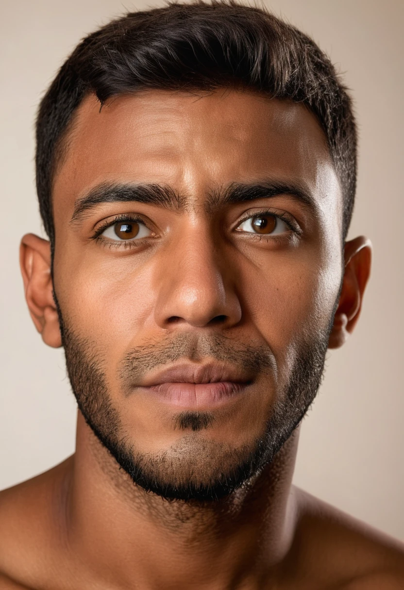 full face portrait photo, nude man, short cropped military style haircut, 3 years old, 40% Nigerian, 35% Egyptian, 35% Israeli, plain neutral background, no shadows, uniform lighting, no beard, no facial hair, no shadows, even lighting, ring light, facing camera