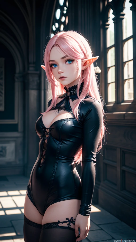 RAW, professional photograph, medium shot, photorealistic, hyper-realistic, ray tracing, super detail, UHD, 8k, female elf, twenty years old, athletic body, soft facial features, long hair, straight hair, light pink hair, blue eyes, gothic style, gothic clothing, dark Castle, gothic architecture, 