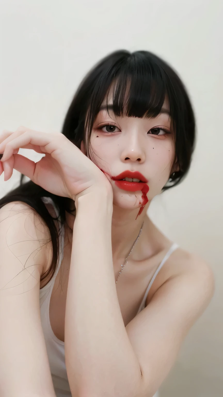 Girl wearing pink Strapless Bra and Panties, Red lips, Scared girl sees blood-soaked girl sitting against the wall in an anime-style kitchen, mouth covered with duct tape.