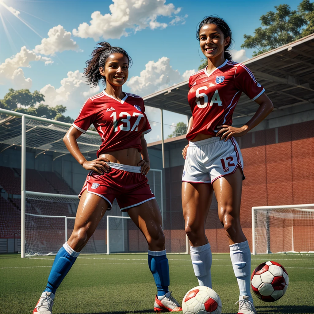 (one woman:1.3), (best quality:1.5), (hyperrealistic:1.5), 32 year old toned costa-rican woman, messy short black haired, brown eyed, lite brown tanned skin, soaked in sweat, inside soccer pitch, sunny scenery, shining sun scenery, red soccer shirt, blue soccer shorts, white soccer socks, black soccer boots, ripped abs, full body view, smiling