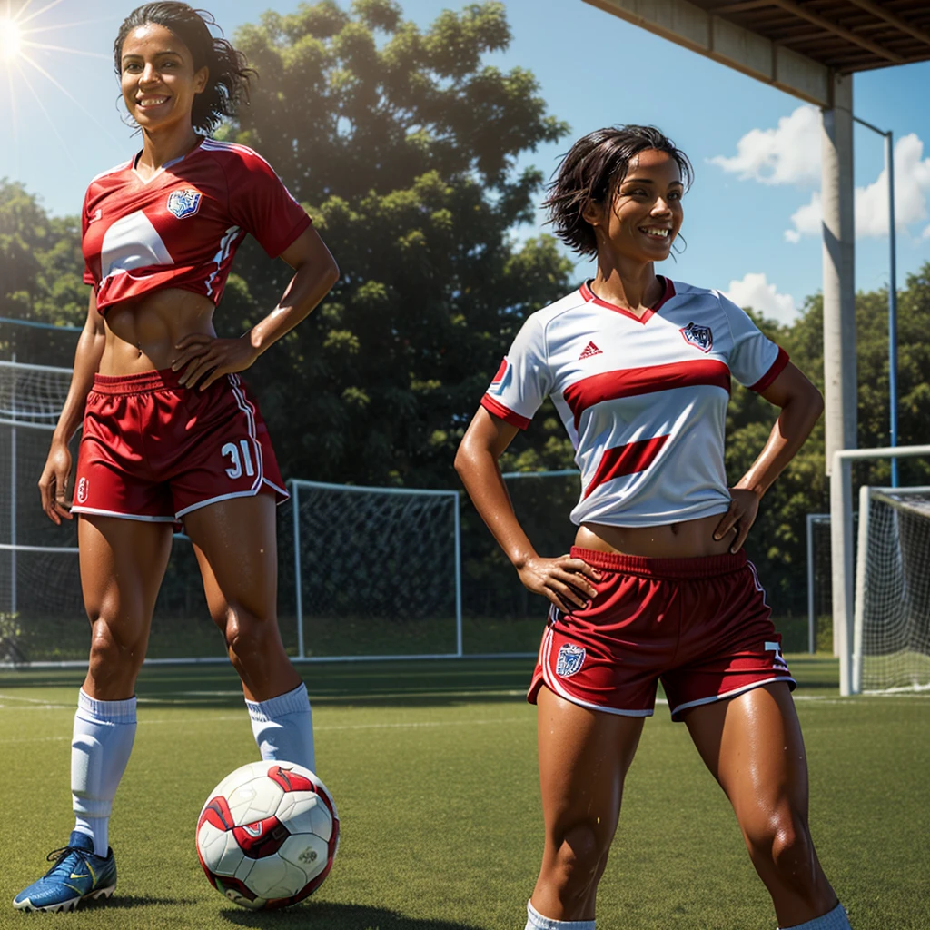 (one woman:1.3), (best quality:1.5), (hyperrealistic:1.5), 32 year old toned costa-rican woman, messy short black haired, brown eyed, lite brown tanned skin, soaked in sweat, inside soccer pitch, sunny scenery, shining sun scenery, red soccer shirt, blue soccer shorts, white soccer socks, black soccer boots, ripped abs, full body view, smiling