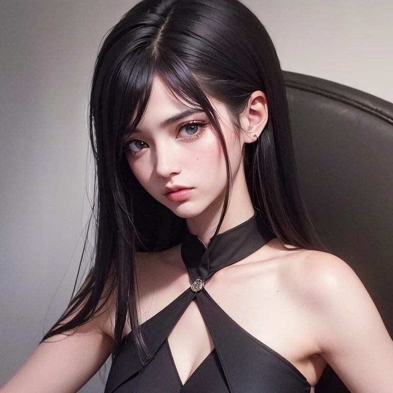 (Mejor calidad,high resolution,realista:1.37),Chica con un top blanco escotado transparente y bragas con cabello largo y negro mirando hacia un lado,illustration,ojos y rostro detallados,manos colocadas casualmente,hermosos labios detallados,vivid colors,soft lighting