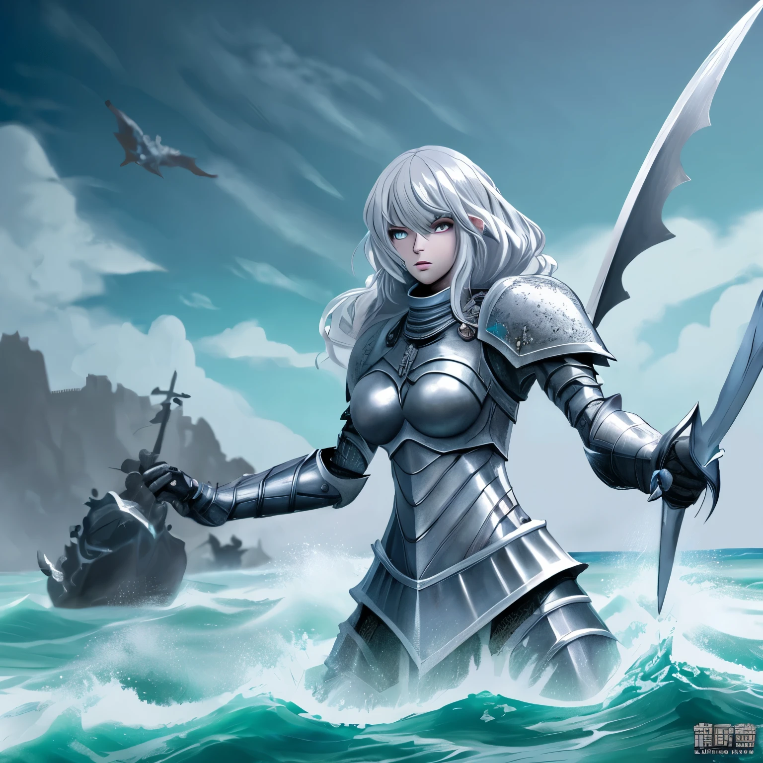 Ocean　monster　battle　cool　gray hair　female knight　anime　high resolution　highest quality