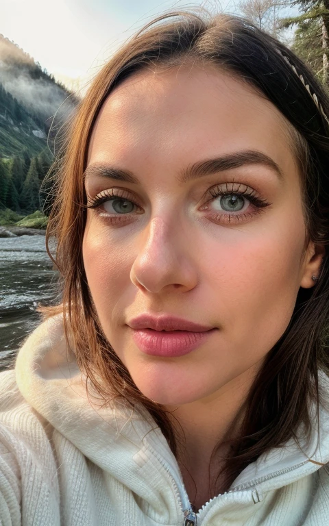 (portrait), (close up), photorealistic, best quality, hyper detailed, beautiful woman, hhayleyy,, selfie photo,upper body, solo, wearing pullover, outdoors, (night), mountains, real life nature, stars, moon, (cheerful, happy), sleeping bag, gloves, sweater, forest, rocks, river, wood, smoke, fog, clear sky, analog style, looking at viewer, skin texture, film grain, ultra high res, best shadow, RAW, instagram LUT, (looking at viewer), ((extremely detailed eyes and face)), ((beautiful detailed nose)), ((beautiful detailed eyes)), perfect body proportion,