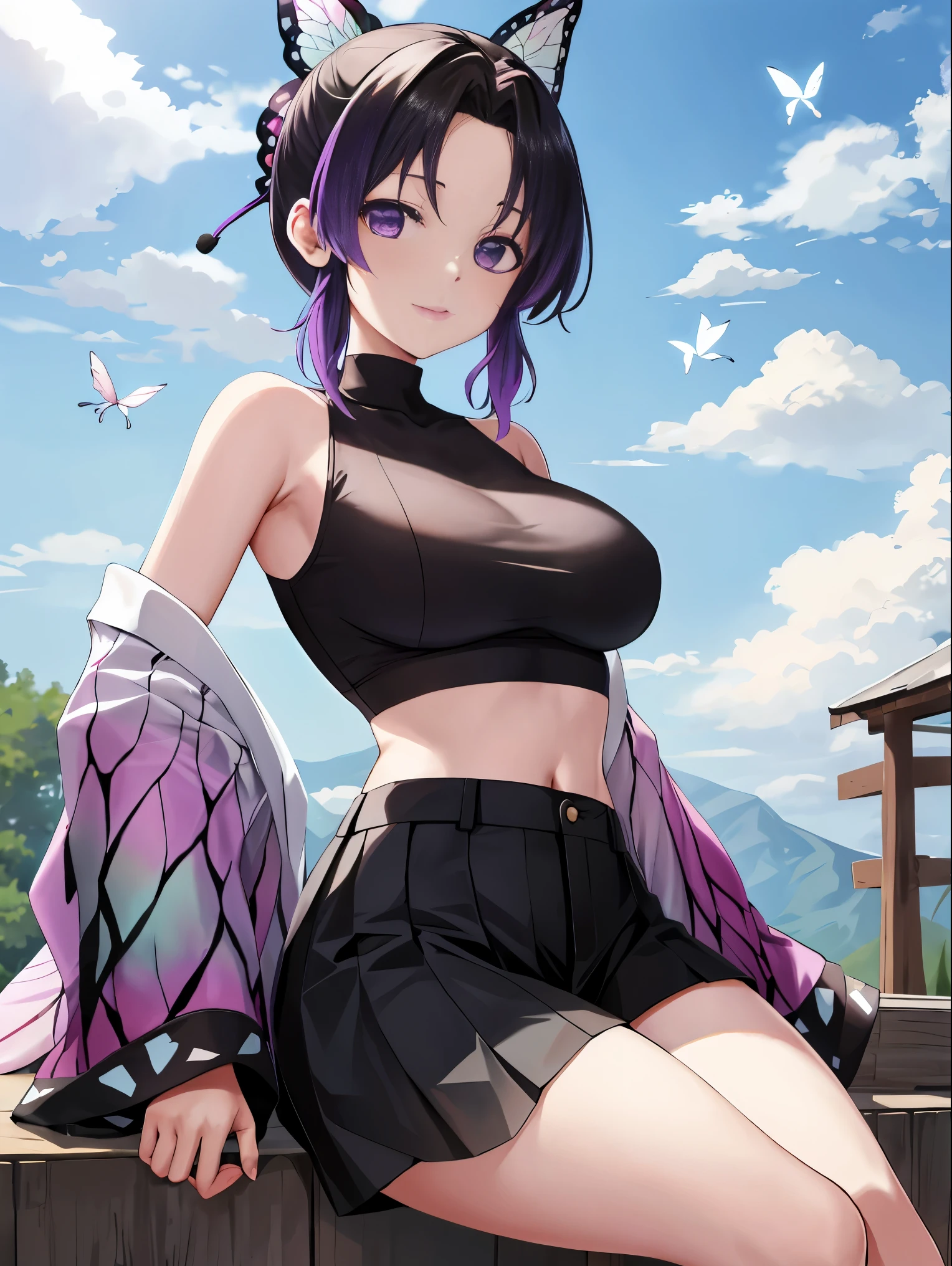 masutepiece, Best Quality, hight resolution, 1girl in, solo, kochou shinobu, Decorate your hair with butterflies, violet eyes, Multi-colored hair, Short hair, Parted bangs, Short shorts, open one's legs, Skirt, Turtleneck Top, Navel Ejection, outside of house, Erotica, large full breasts, Sateen, show through, Black pants