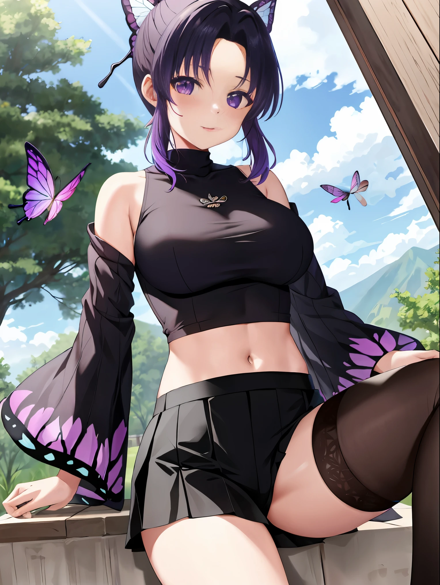 masutepiece, Best Quality, hight resolution, 1girl in, solo, kochou shinobu, Decorate your hair with butterflies, violet eyes, Multi-colored hair, Short hair, Parted bangs, Short shorts, open one's legs, Skirt, Turtleneck Top, Navel Ejection, outside of house, Erotica, large full breasts, Sateen, show through, Black pants