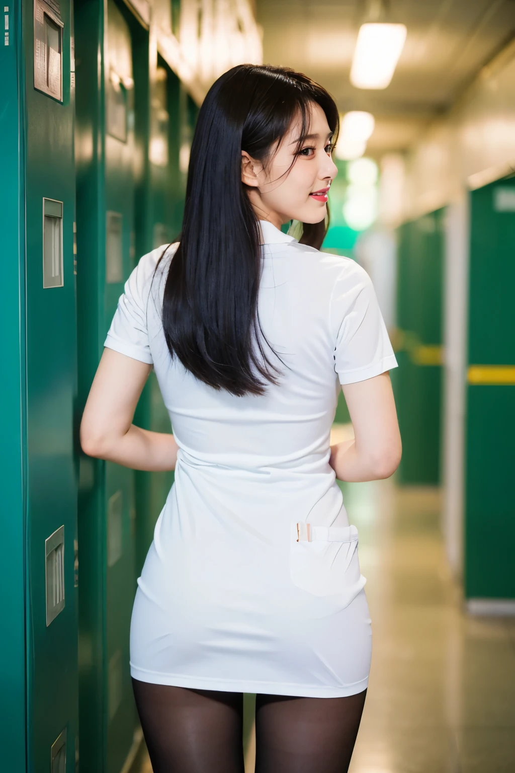 (8K, Raw photo, highest quality, masterpiece:1.2), (realistic, photo-realistic:1.37), Super detailed, 1 girl,17 years old、Saori、 ((locker room)),(full body shot),, ((tights))((pantyhose))(black pantyhose)((nurse cosplay))、((undressing))((Change of clothes))(looking at the viewer:1.3) very slim, medium breasts, ((return)), ((from behind))(buckshot), ((panty shot))cute, white skin、looking at the viewer, light smile,alone, (closed mouth),enchanting smile, wide opening, professional lighting, Sony α7R4, Zecy 50mm F1.8, medium breasts,thin and beautiful eyes,