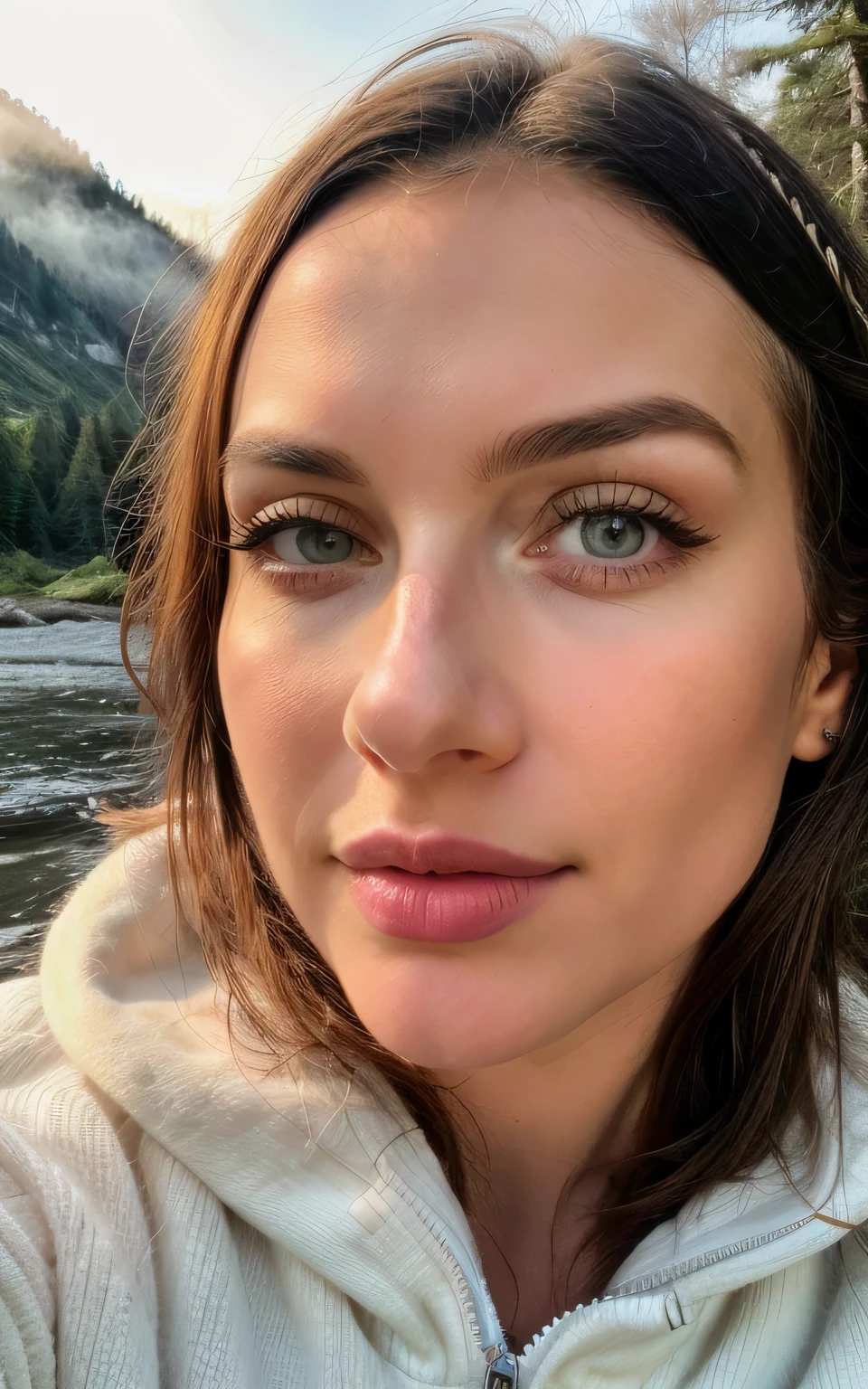 (portrait), (close up), photorealistic, best quality, hyper detailed, beautiful woman, hhayleyy,, selfie photo,upper body, solo, wearing pullover, outdoors, (night), mountains, real life nature, stars, moon, (cheerful, happy), sleeping bag, gloves, sweater, forest, rocks, river, wood, smoke, fog, clear sky, analog style, looking at viewer, skin texture, film grain, ultra high res, best shadow, RAW, instagram LUT, (looking at viewer), ((extremely detailed eyes and face)), ((beautiful detailed nose)), ((beautiful detailed eyes)), perfect body proportion,